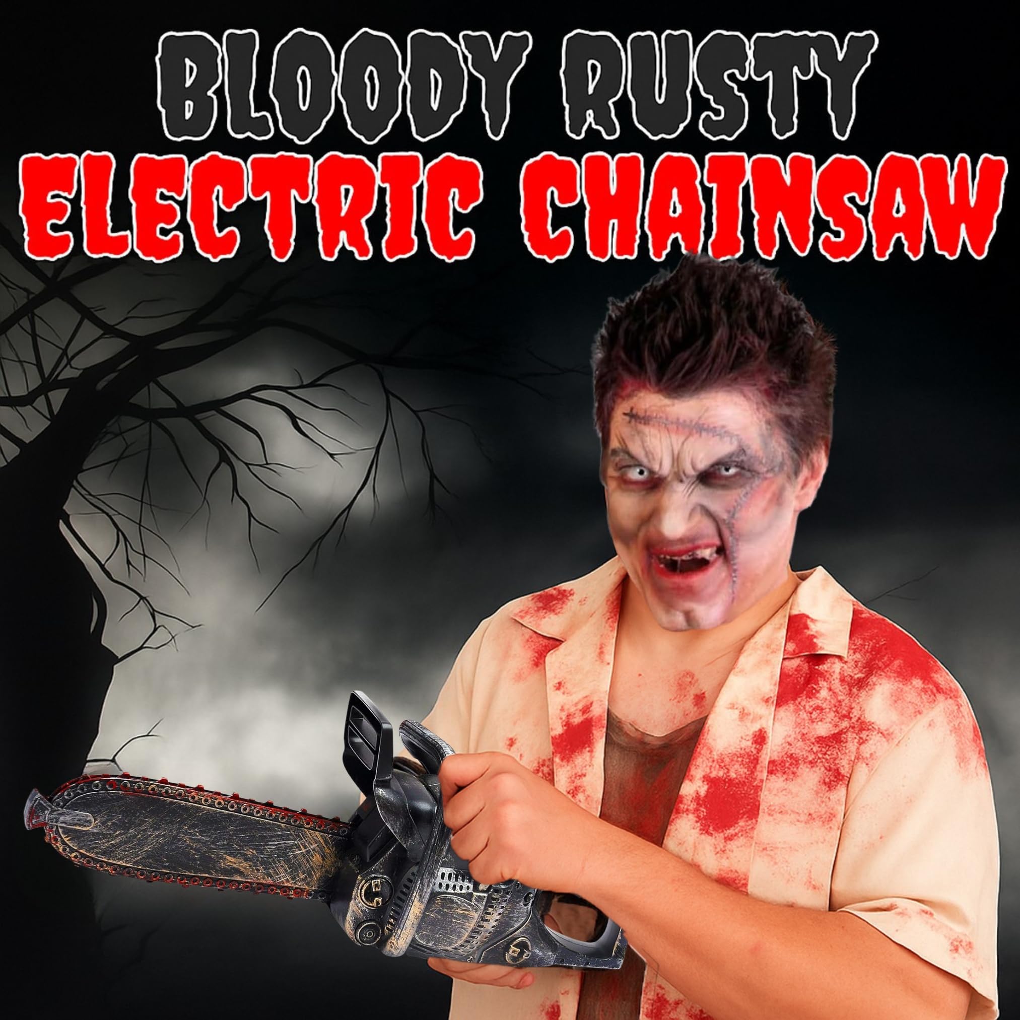 16" Bloody Rusty Electric Chainsaw - Battery Operated Chainsaw Massacre Role Play Accessory with Motion & Sound Effects for Halloween Cosplay Prop, Decorations