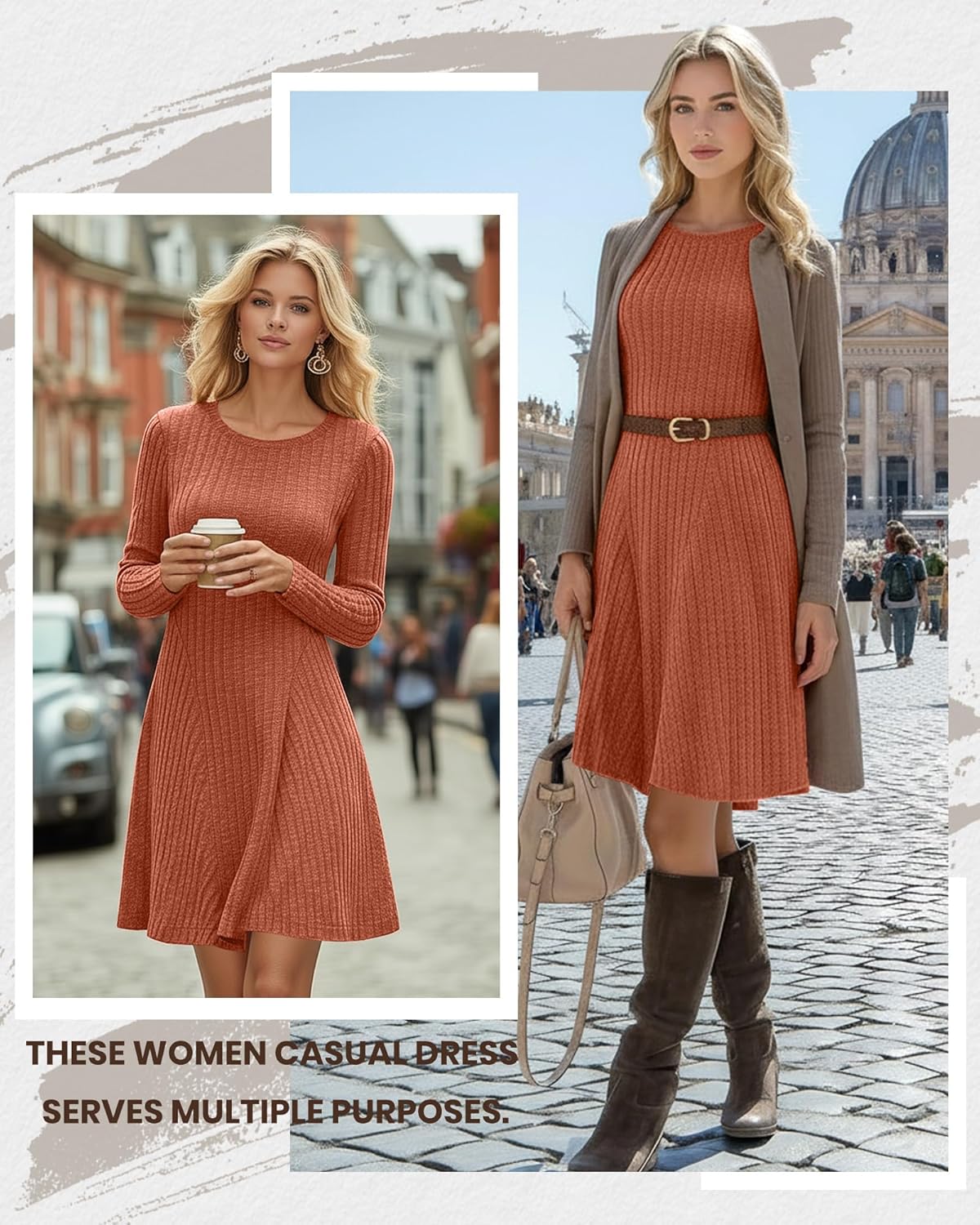 Women's Long Sleeve Sweater Short Dress Ribbed Crew Neck A Line Swing Dress Lightweight Fall Winter Casual Dresses - Image 4