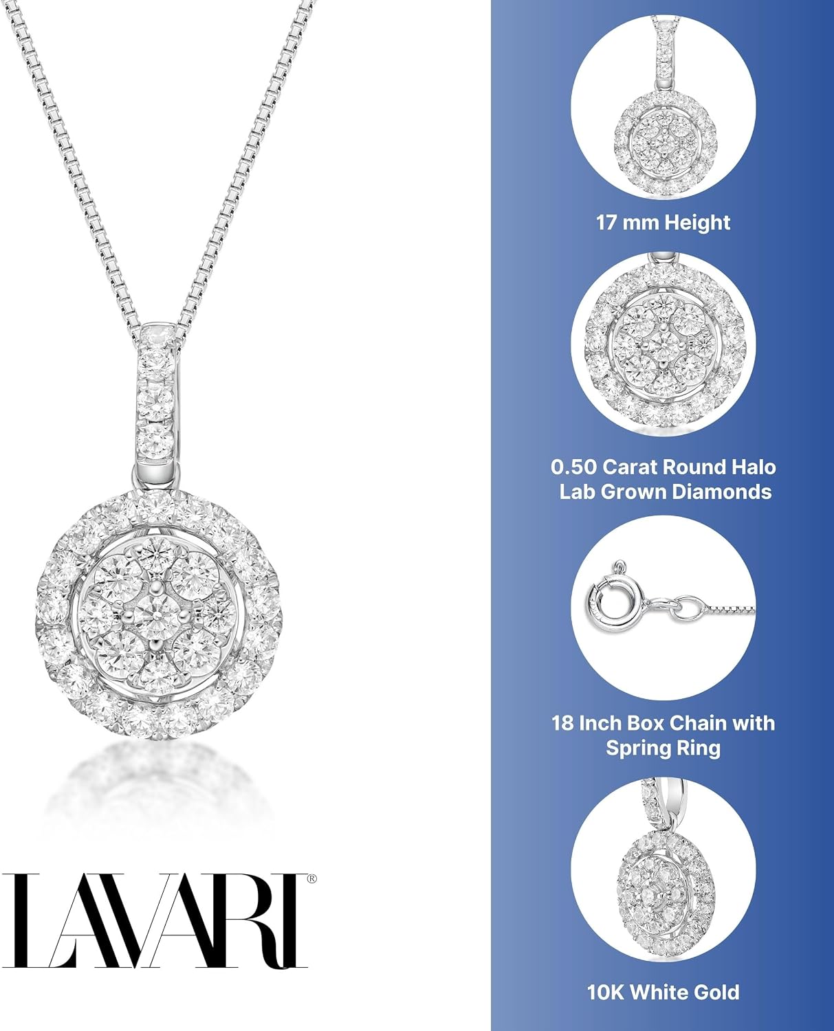 Lavari Jewelers 1/2 Carat Lab Grown Diamond Round Halo Pendant Necklace for Women in 10k White Gold on 18 Inch Chain (G-H, VS2-SI1, cttw) Spring Ring