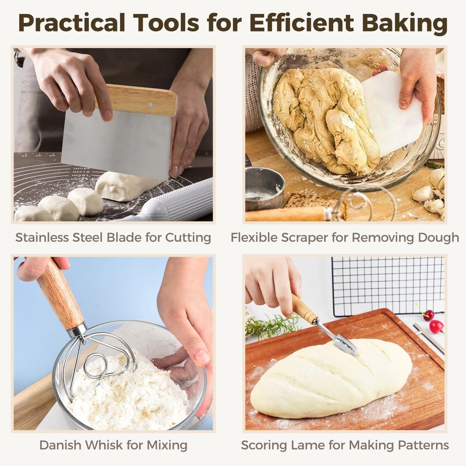 Banneton Brot Gärkörbe Set, 9 Zoll runder und 10 Zoll ovaler Backkorb mit Bäckerlame, dänischem Schneebesen, Teigschabern, Sieb und Reinigungsbürste, Sauerteig Werkzeugset, Brotbackwerkzeuge