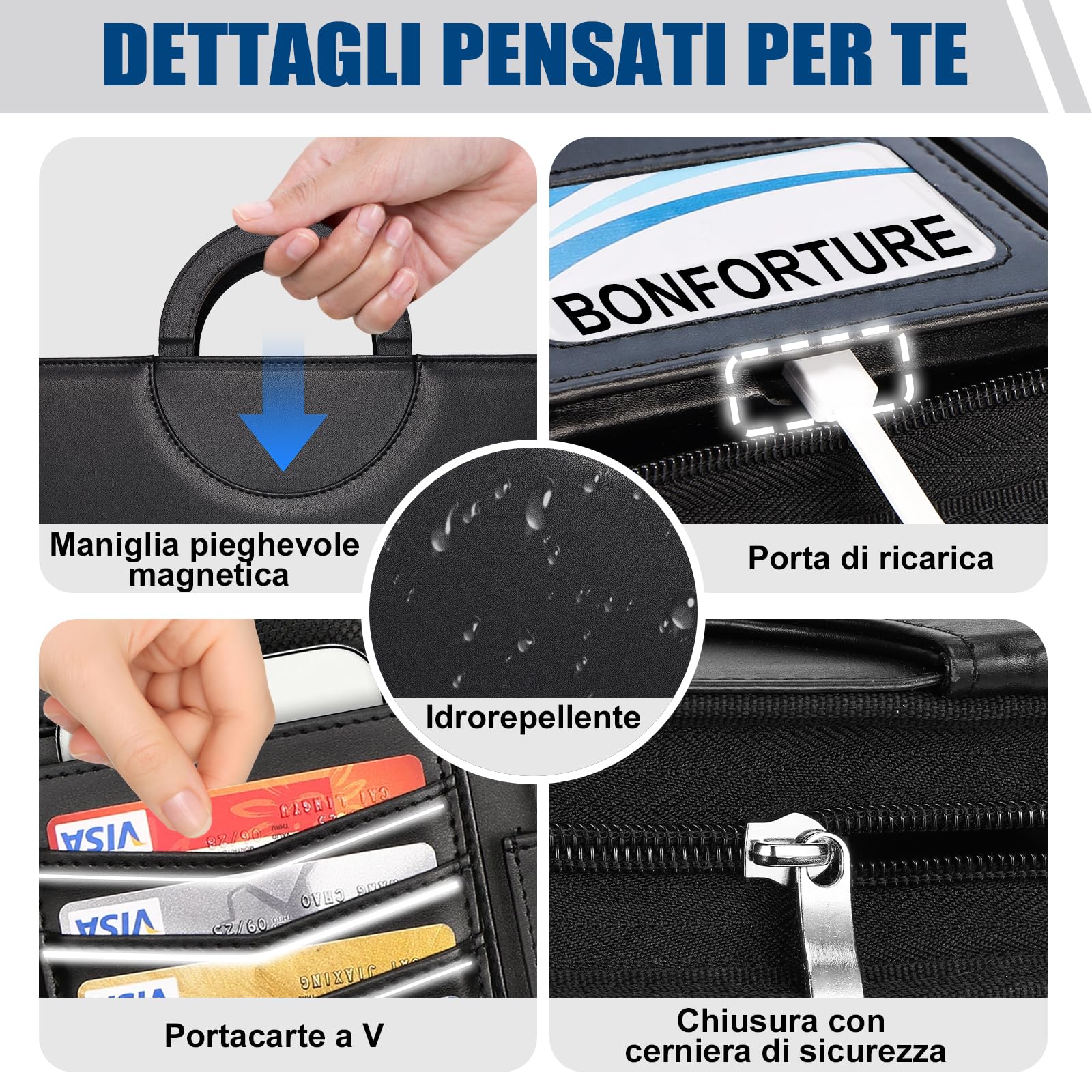 Cartella Portadocumenti A4 con Buste Trasparenti, Raccoglitore ad Anelli 4 con Manico Magnetico e Cerniera in Pelle Vegana