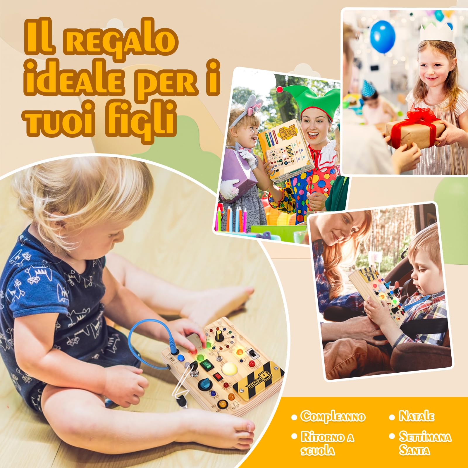 Hoarosall Busy Board Tavola delle attività Montessori in Legno per Bambini 1 2 3 Anni - Busy Board Sensoriale con 10 Interruttori e 23 Luci LED per Sviluppare la Motricità Fine