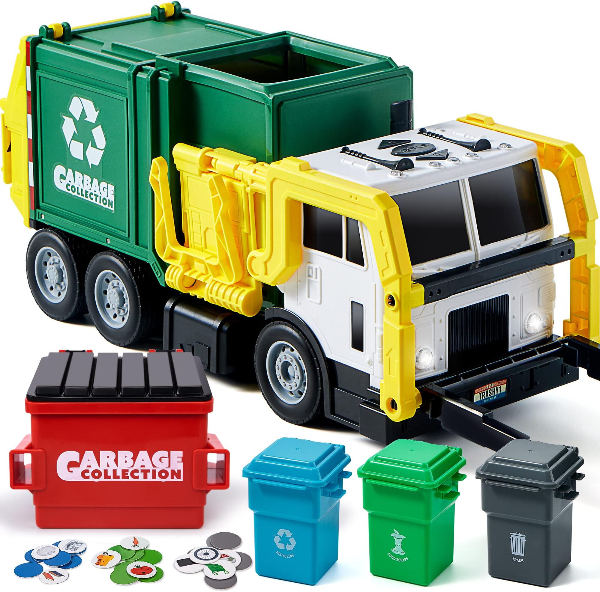 - Large Friction Powered Garbage Truck Toy Set, Includes 1 Dumpster, 3 Trash Bins, and 30 Learning Cards for Kids, Boy Toys Birthday Gift, Green