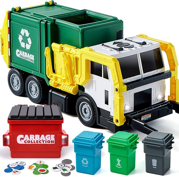 JOYIN Large Friction Powered Garbage Truck Toy Set, Includes Dumpster, Trash Bins, and Learning Card&hellip;