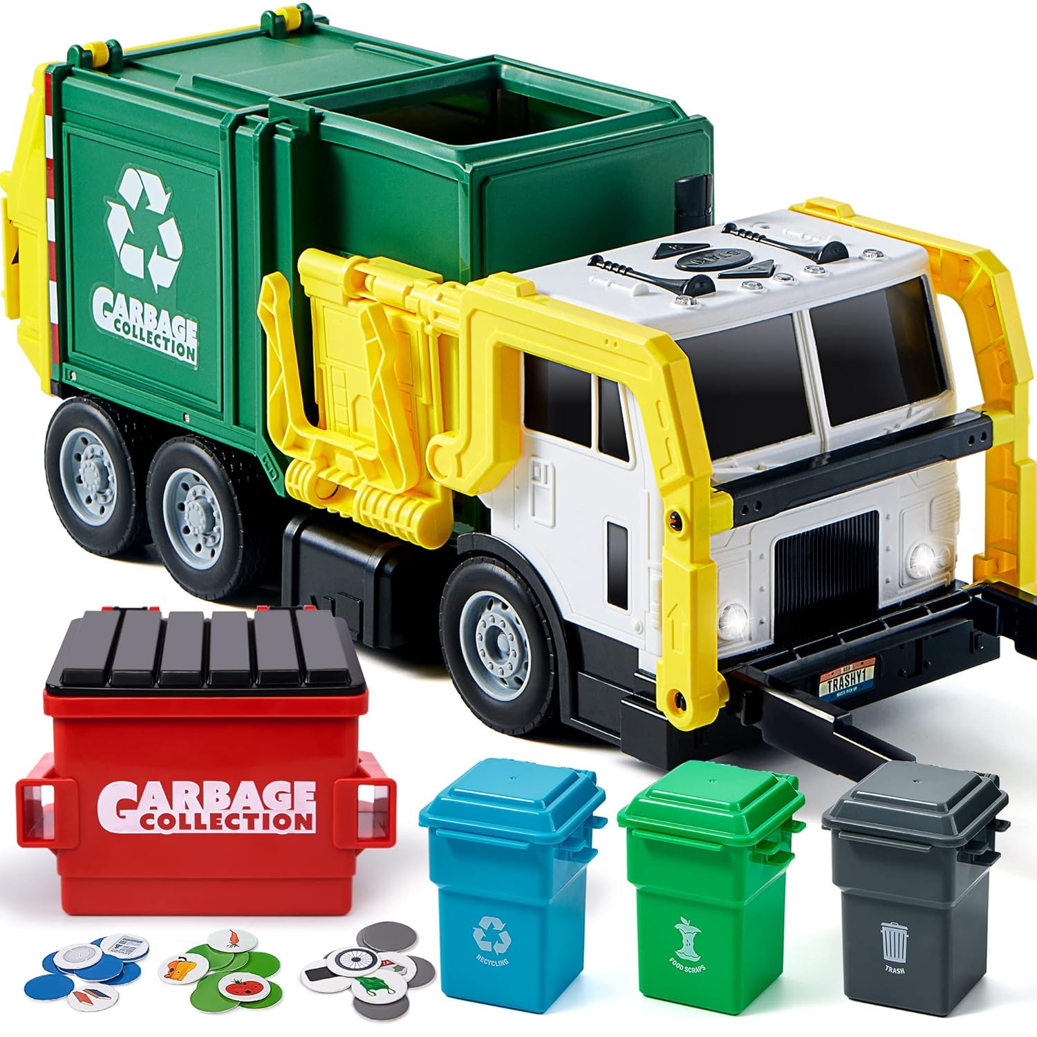 JOYIN Large Friction Powered Garbage Truck Toy Set Includes Dumpster Trash Bins and Learning Cards for Kids Boy