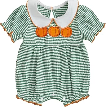 Newborn Baby Girl Halloween Outfit Pumpkin Embroidery Bubble Romper Waffle Striped Short Sleeve Bodysuit Clothes