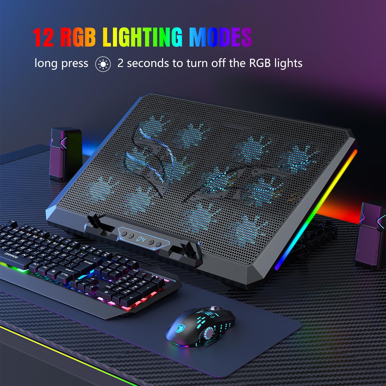 Almohadilla de refrigeración para laptop con 12 ventiladores silenciosos, portátil delgada para soporte enfriador de laptop de 12 a 17.3 pulgadas, iluminación RGB, con 5 alturas ajustables 2
