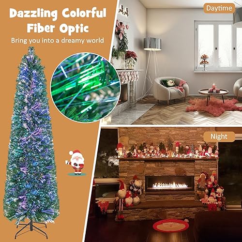 Miniatura 5 de HAPPYGRILL Árbol de Navidad artificial de fibra óptica de 6 pies, árbol de Navidad preiluminado con 517 puntas de rama, soporte de metal plegable,