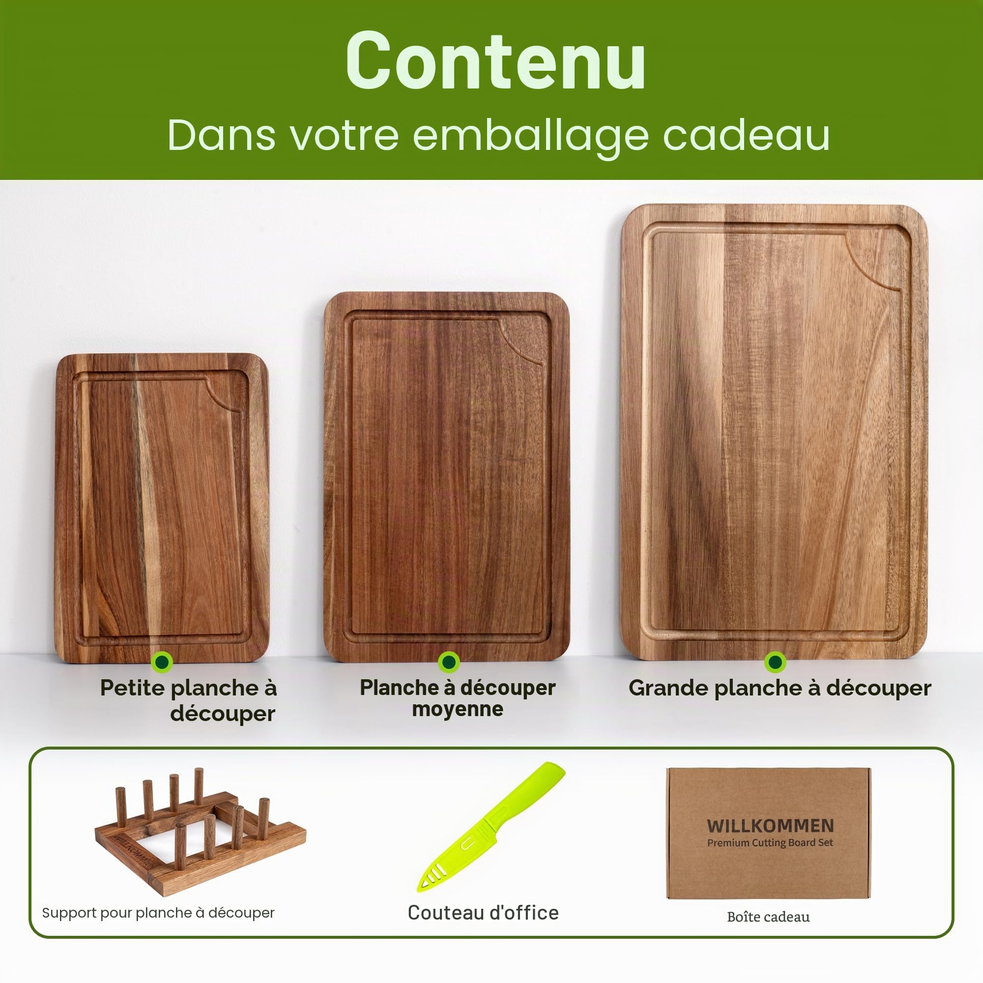 WILLKOMMEN Lot de 3 planches à découper en bois pour cuisine avec rainure pour jus, planches à découper (37x25-30x20-25x17cm) et bloc de boucher pour viande, légumes et fromage