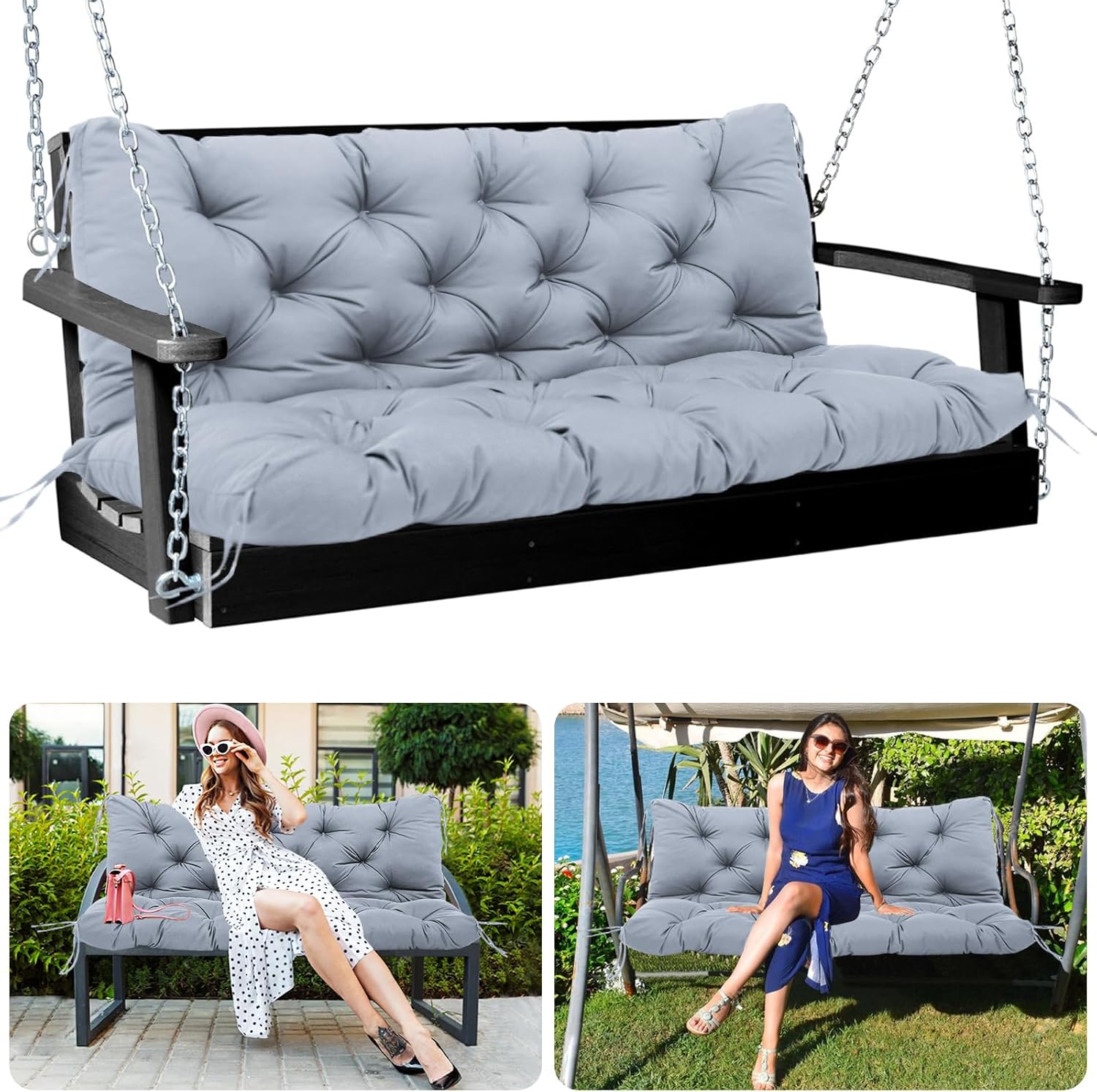 Swing Cushions 2-3 Seater Replacement 60x40 inch Waterproof Outdoor Porch Swing Cushions with Backrest Bench Swing Cushion for Outdoor Furniture Yard Patio Backyard Garden(Light Gray-60x40x5 inch) Light Gray 60x40x5inch