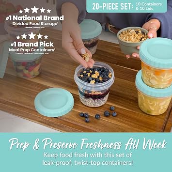 Bentgo Prep - 20 Piece 16 fl oz Leak-Proof Deli Containers with Lids, Food Storage for Meal Prep, Twist-Top, Reusable, PFAS & BPA-Free, Stackable, Microwave, Freezer, Dishwasher Safe (Sea Blue)