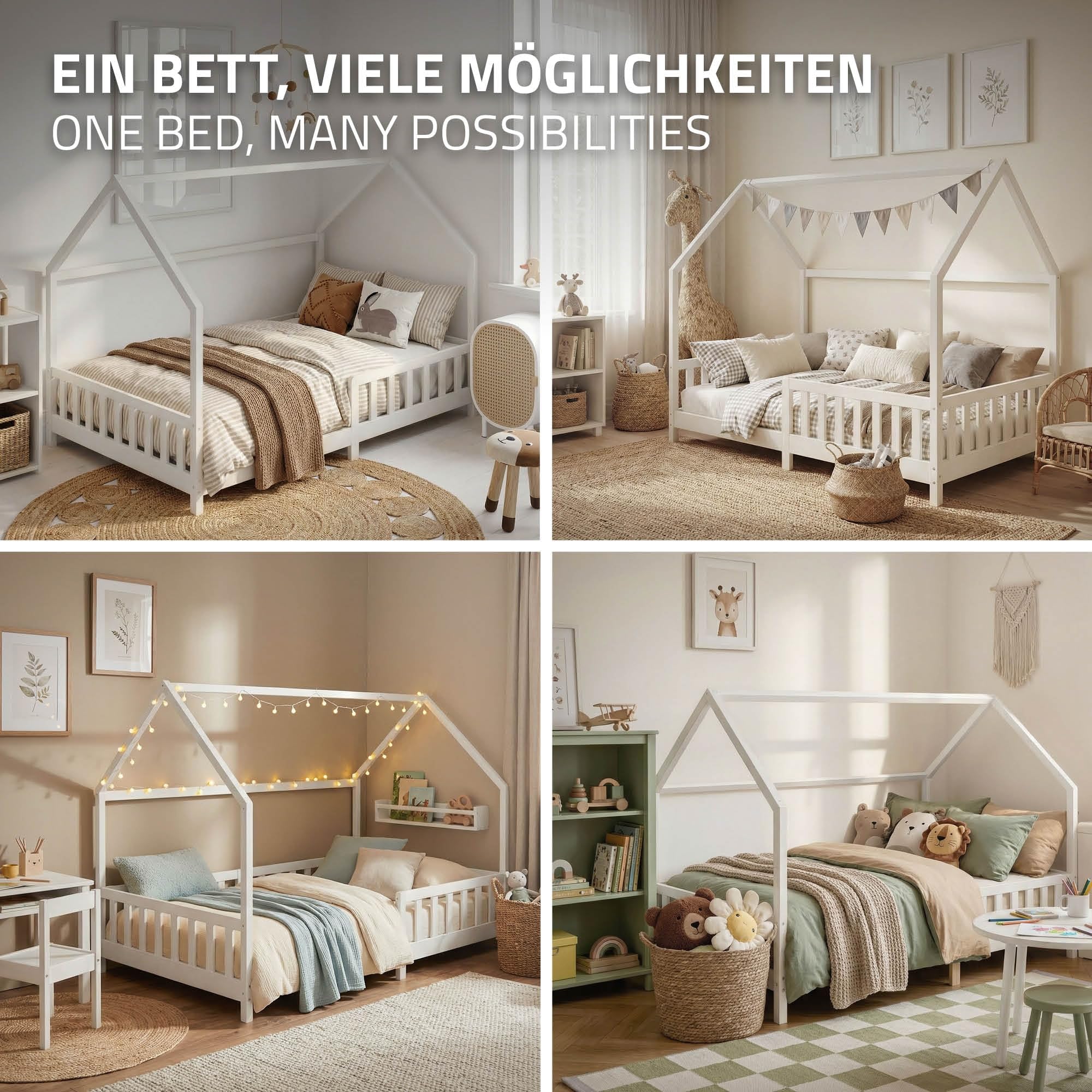 ML-Design Cama Infantil 140x200cm Blanco, con Protección Anticaída, Techo y Somier, Estructura Listones de Madera de Maciza de Pino Lecho Doble Montessori Forma de Casa Mobiliario Juvenil, para Niños