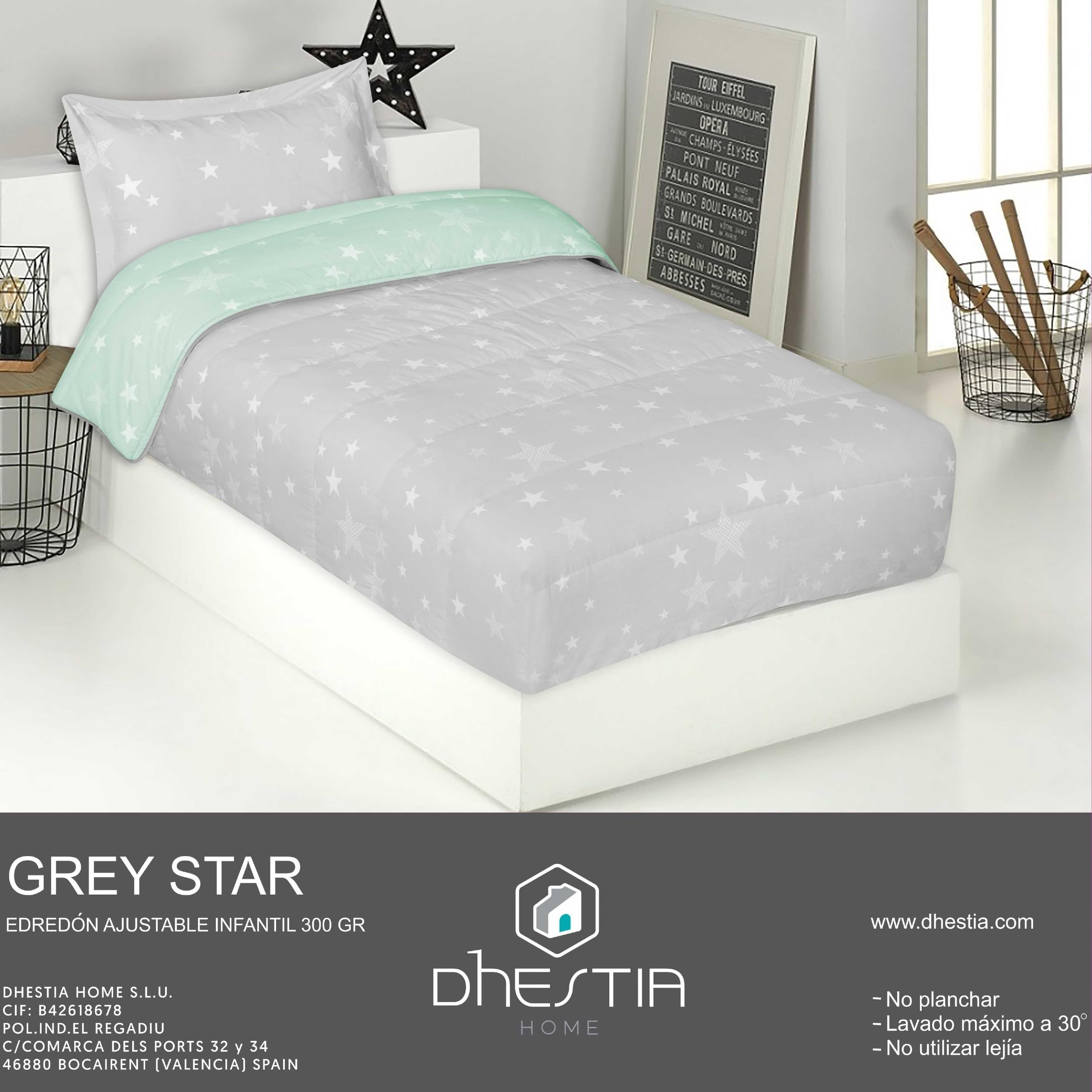 DHESTIA HOME Edredón Ajustable Infantil Cama 90 y Cama 105 Stars Gris Color Gris Talla Cama 90