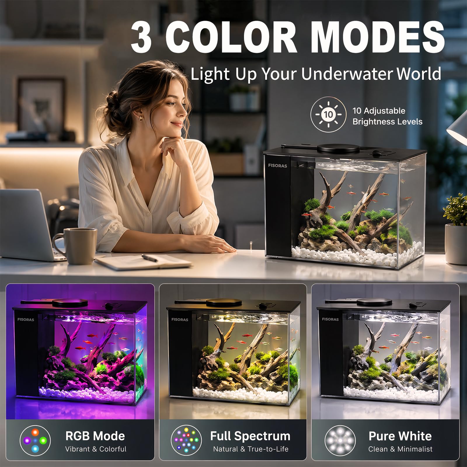 LOMUG Mini aquarium Betta de 4,3 l avec pompe à filtre, éclairage LED, idéal pour les petits poissons, crevettes, plantes, Aquascape DIY (20 x 15 x 15 cm, noir)