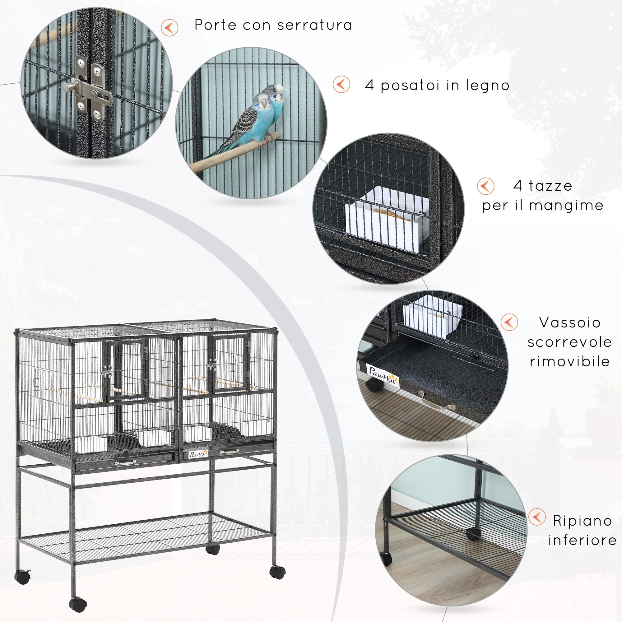 PawHut Doppia Gabbia per Uccelli in Metallo di Alta Qualità con Vassoi Estraibili, Supporto Stabile con 4 Ruote e Ripiano, 95x45.5x102cm, Nero Grigio
