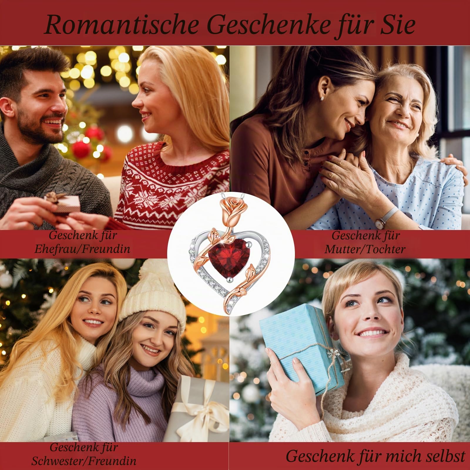 Halskette Damen Silber mit Rose Anhänger Geburtsstein Kette Schmuck Damen Geschenke für Frauen Freundin Mutter Hochzeitstag Muttertag Jahrestag Weihnachten Valentinstag Geburtstagsgeschenk