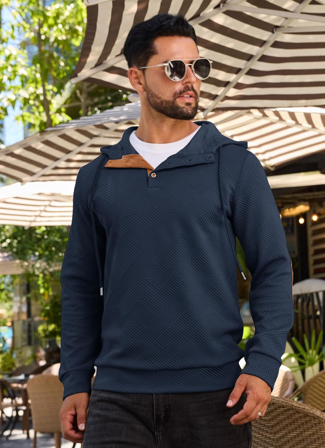 Mens Fashion Pullover Hoodies Long Sleeve Thermal Drawstring Button Texture Hooded Sweatshirt - Image 2