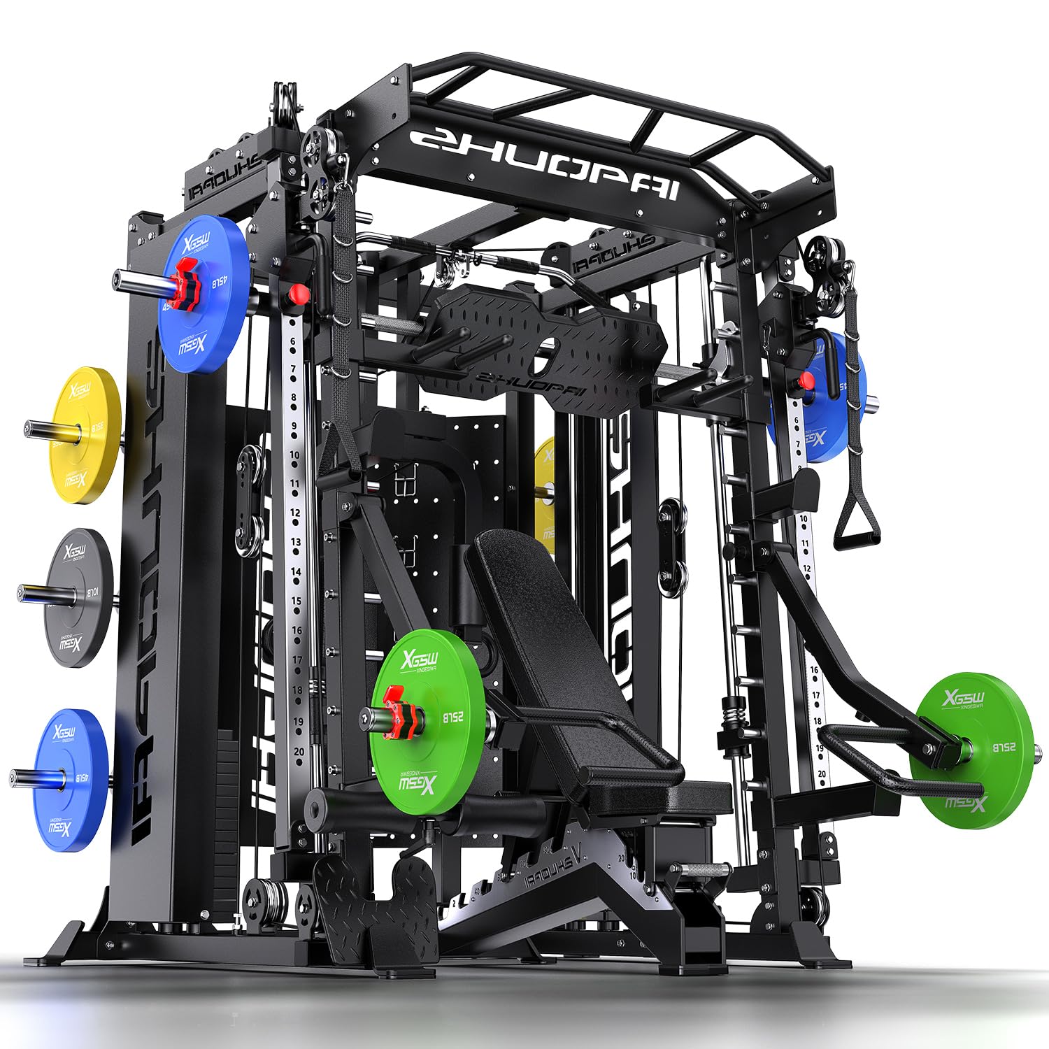 XGSW Smith Machine with Weight Stack, Multi-Function Squat Rack Power Cage with Cable Crossover System, for Home Gym