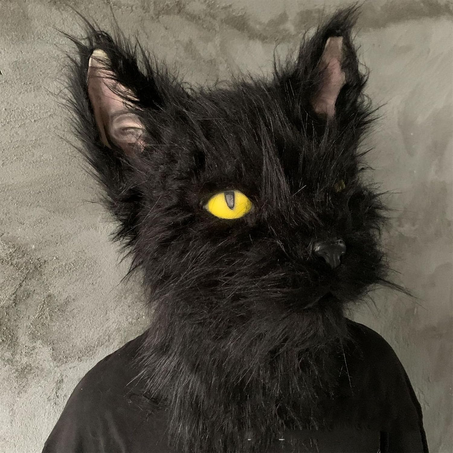 Full Head Plush Devil Cat Mask,Realistic Black Kitty Mask,Horror Furry Animal Masks for Halloween Christmas Role-Play Party,Scary Black Cat Masks