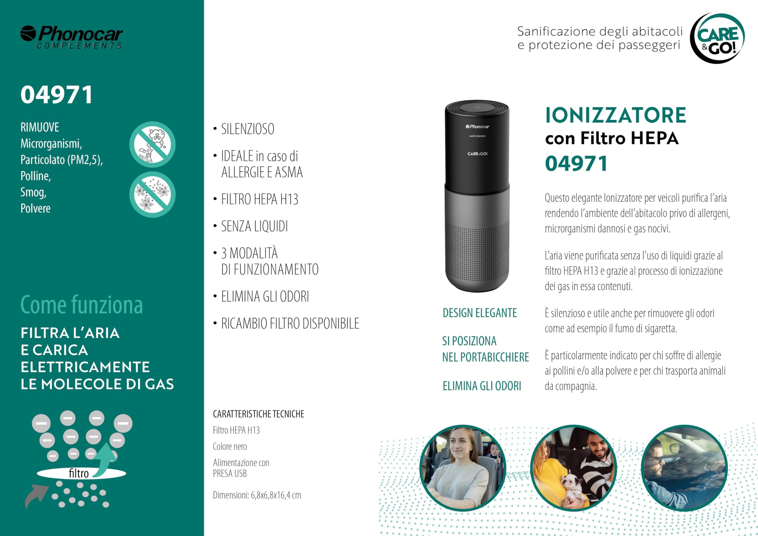 04971 Phonocar, Igienizzante auto abitacolo, ionizzatore universale per auto
