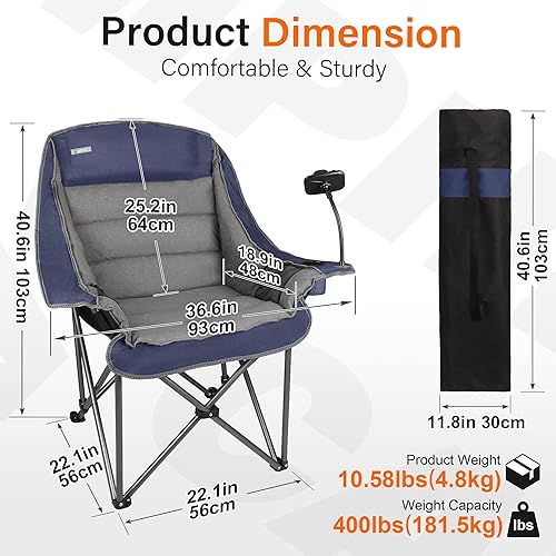 Miniatura 2 de Sillas de campamento para adultos, silla de césped extra grande, silla acolchada plegable y cómoda con soporte para teléfono, bolsillo lateral,