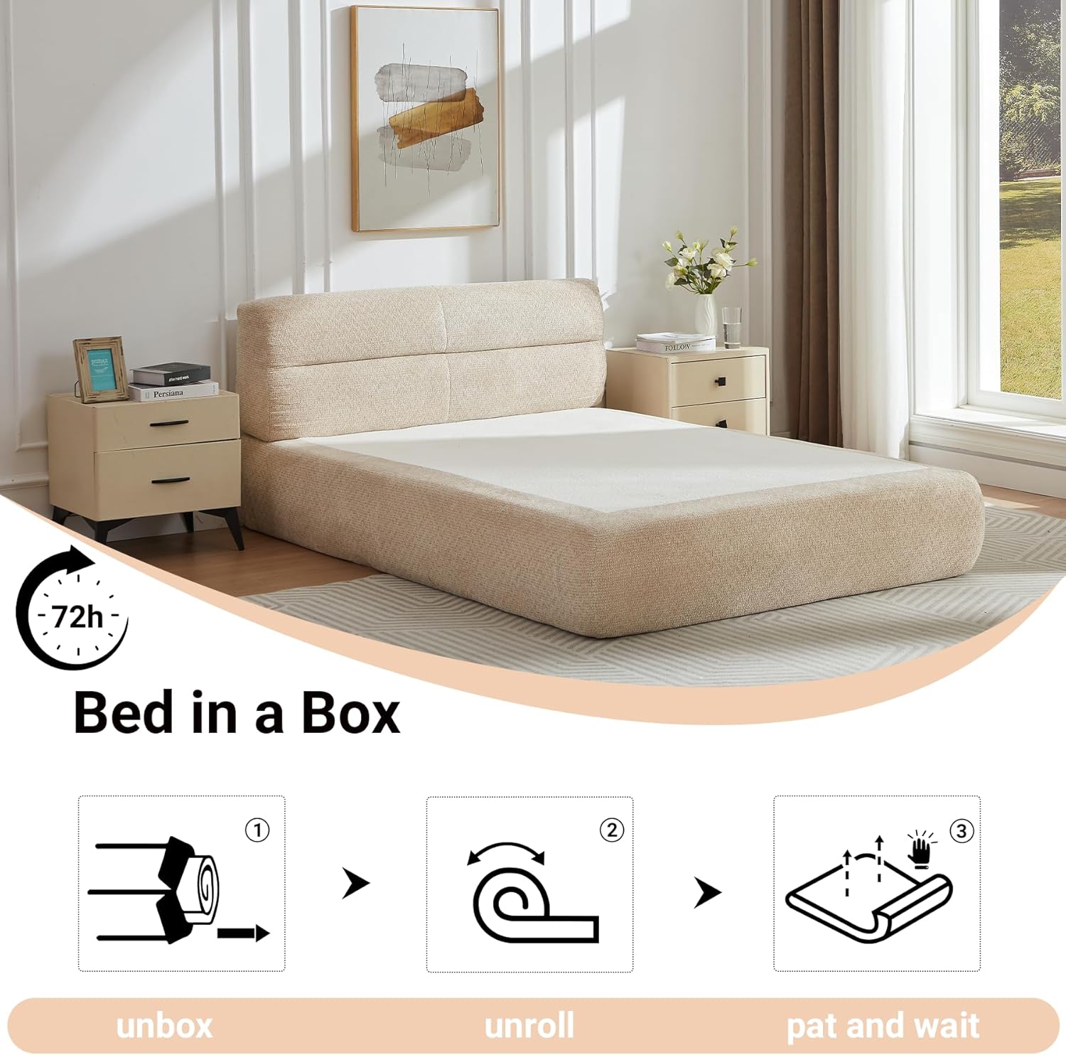 2-in-1 Queen Size Upholstered Platform Bed with Headboard, Modern Floor Bed Queen, Compression Bed, No Assembly Required, 13.4" Low Profile Bed Frame, Chenille Fabric Mattress Alternative,Light Khaki