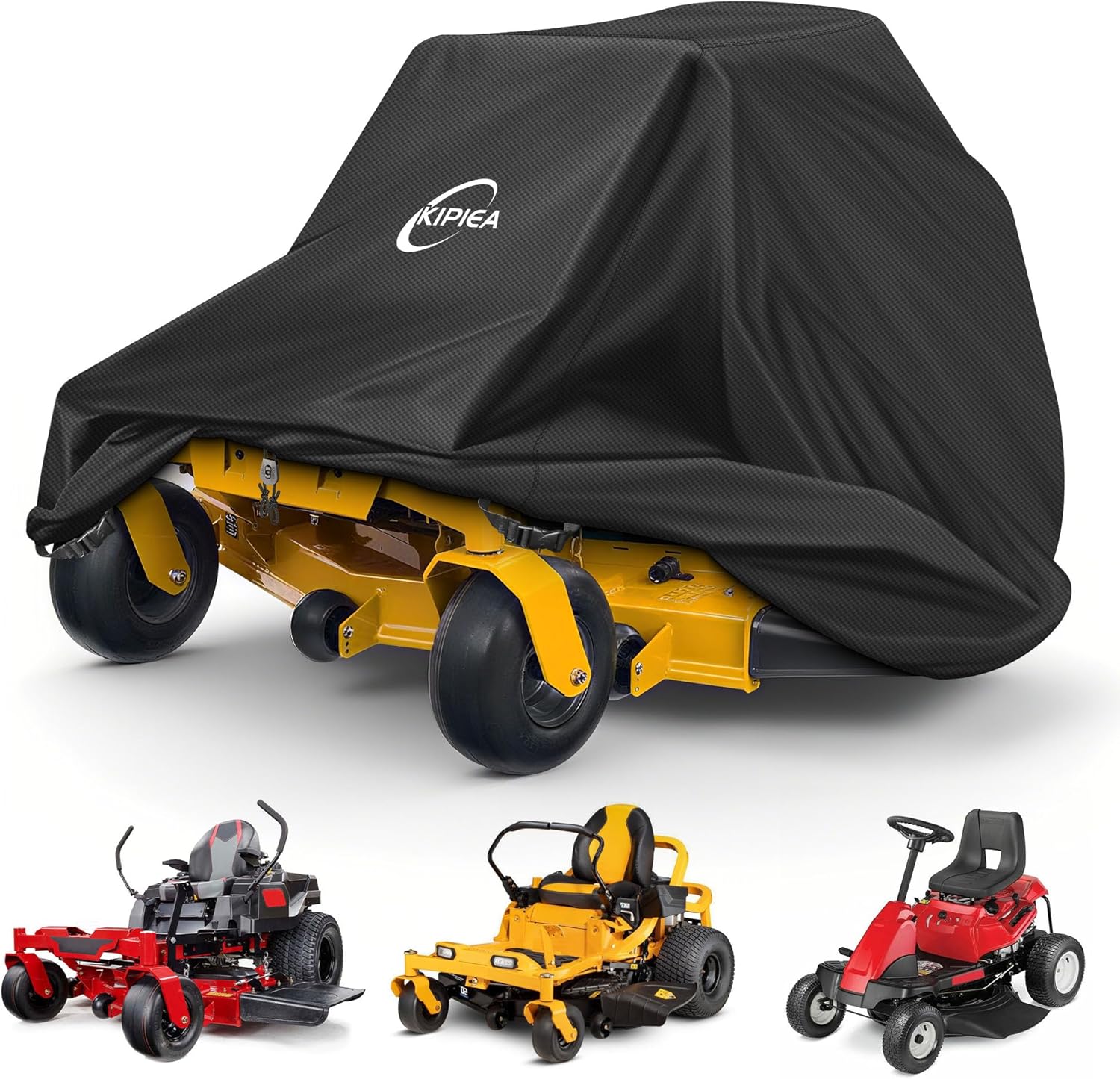 Kipiea Zero Turn Mower Cover- 600D Heavy Duty Outdoor Zero Turn Lawn Mower Cover Waterproof Universal Fit with 4 Buckles, 2 Drawstrings and Storage Bag