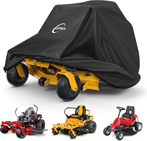 Kipiea Zero Turn Mower Cover- 600D Heavy Duty Outdoor Zero Turn Lawn Mower Cover Waterproof Universal Fit with 4 Buckles, 2 Drawstrings and Storage Bag
