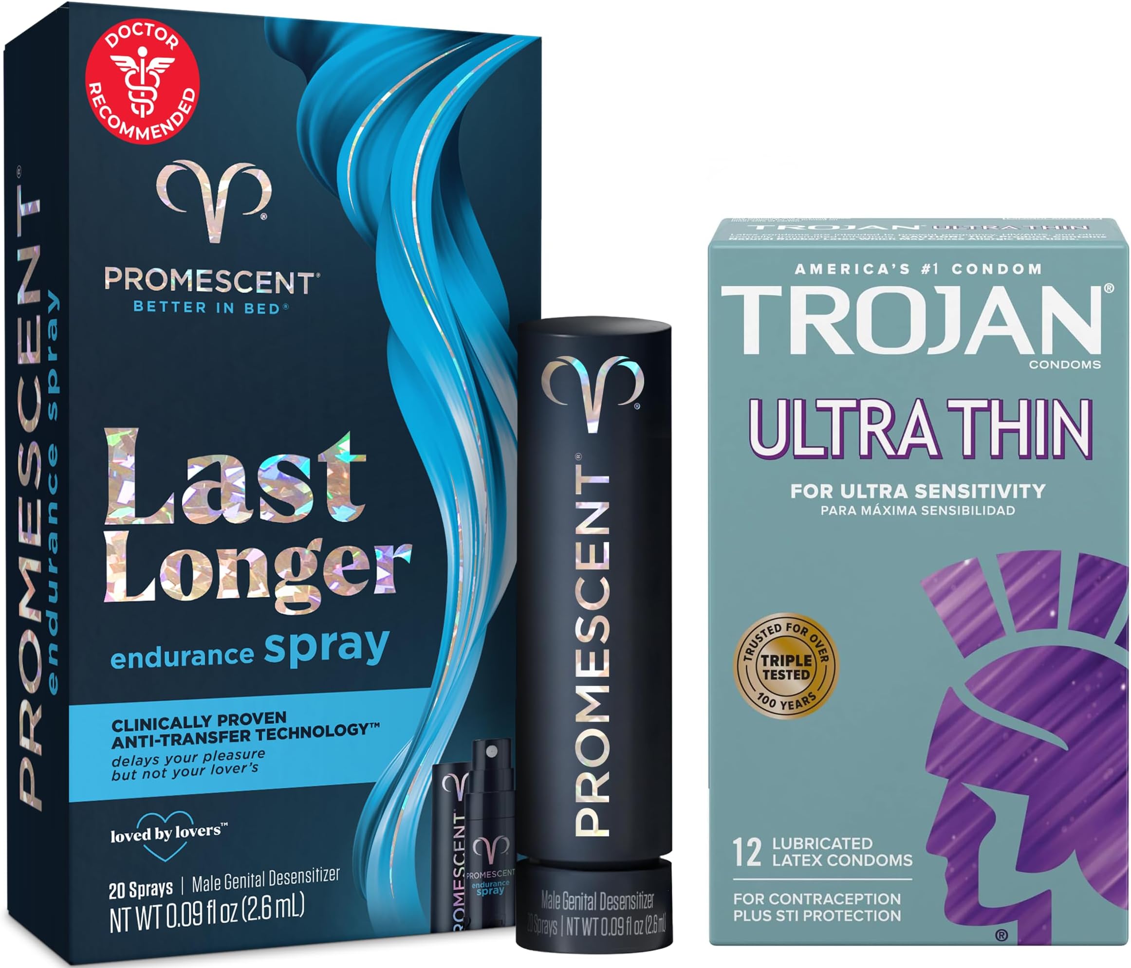 Desensitizing Delay Spray for Men Clinically Proven to Help You Last Longer in Bed (2.6 ml) + Trojan Ultra Thin Premium Lubricated Condoms (12 Count) Bundle