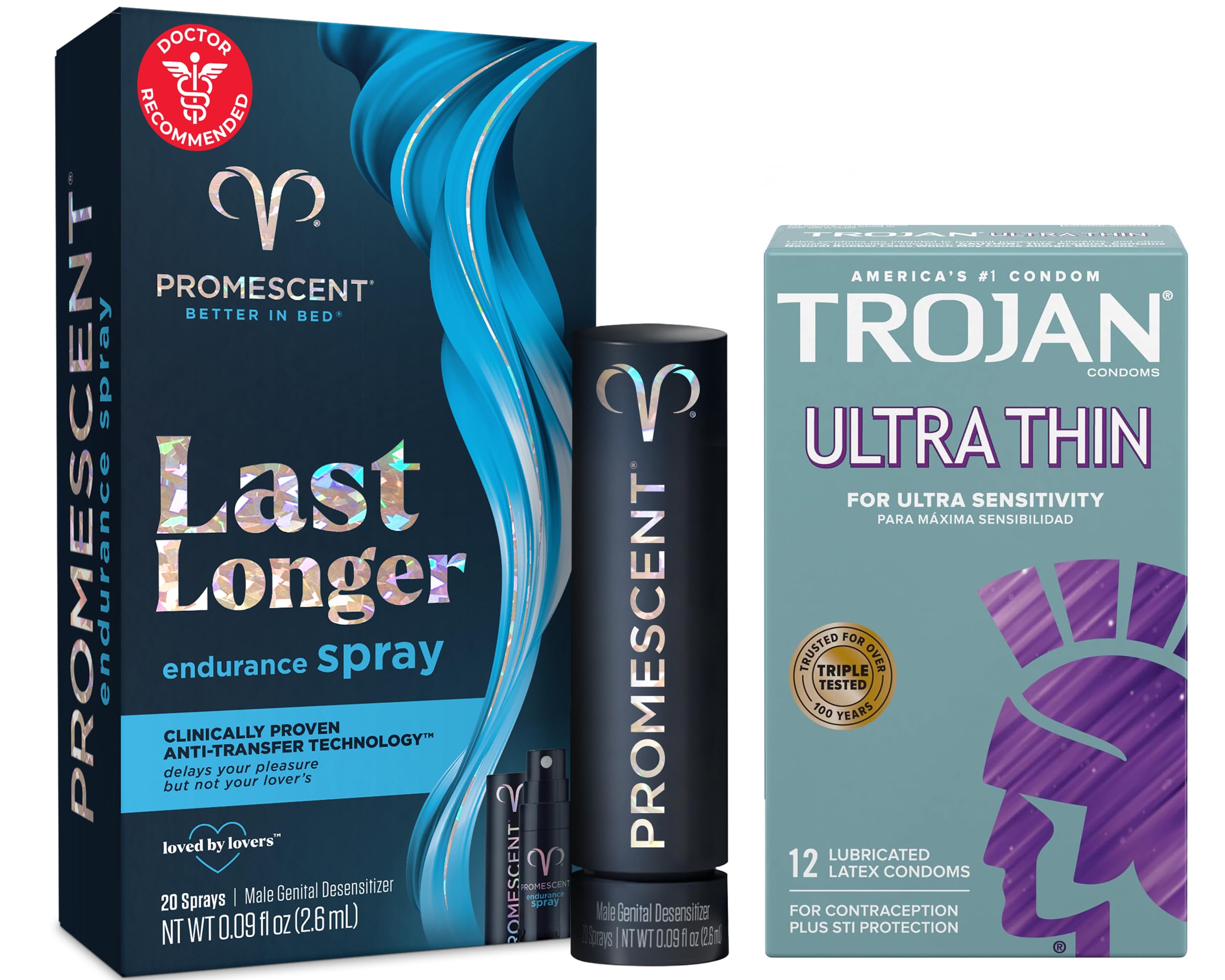 Promescent Desensitizing Delay Spray for Men Clinically Proven to Help You Last Longer in Bed (2.6 ml) + Trojan Ultra Thin Premium Lubricated Condoms (12 Count) Bundle