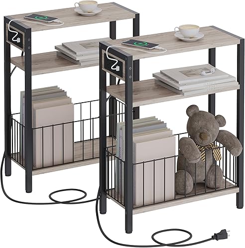 Miniatura 17 de Mesa auxiliar estrecha con estación de carga, mesa auxiliar pequeña para espacios pequeños, mesita de noche delgada con cesta de almacenamiento,