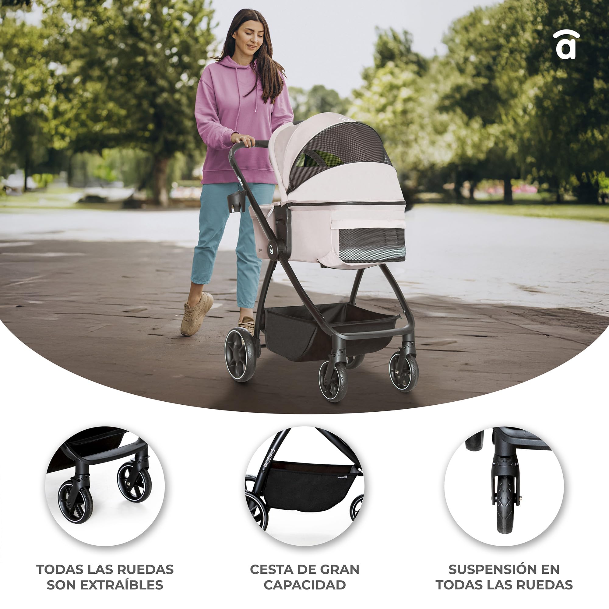 Asalvo RODAS Trío Convertible, 3 en 1, Silla de Paseo, Carrito de bebé, Silla de Auto, Confortable, Segura, Capota extensible, Suspensión en las Ruedas, Freno trasero, Carga Máxima 23 kg, Beige