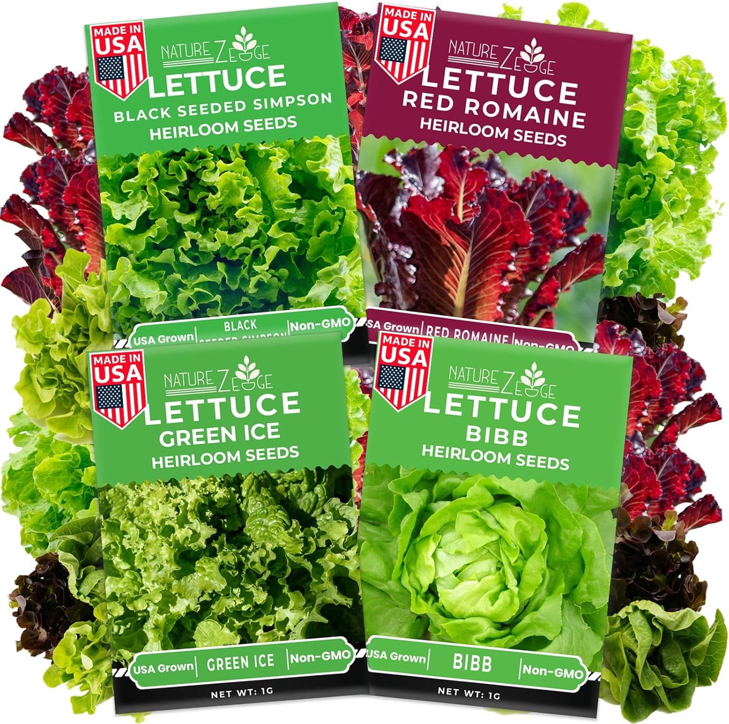 NatureZ Edge Heirloom Lettuce Seeds: 4 Non-GMO Varieties - Red Romaine, Bibb Butter, Black Seeded Simpson, Green Ice | Hydroponic & Garden Ready