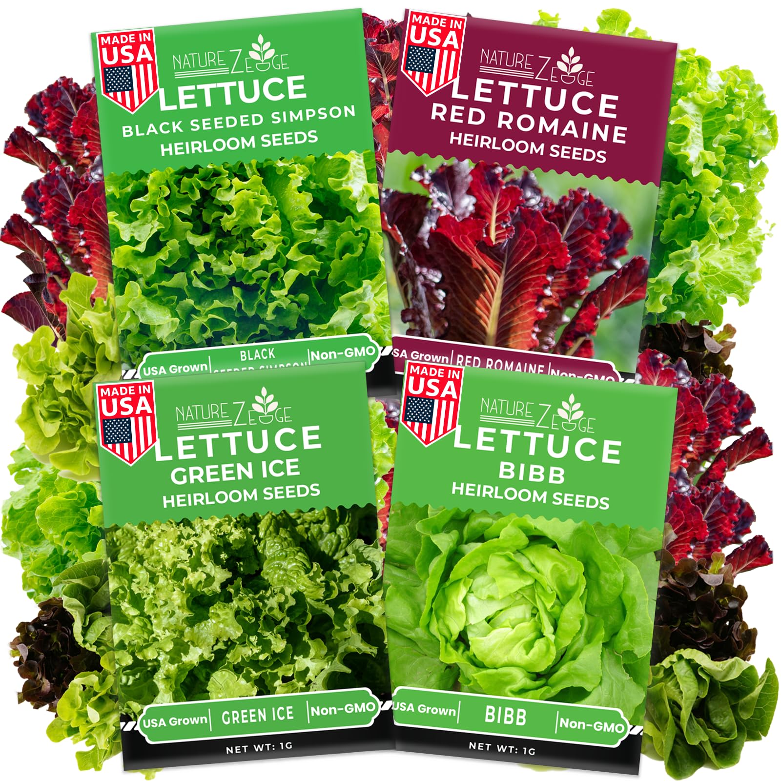 NatureZ Edge Lettuce Seeds for Planting, 4 Popular Varieties Non-GMO Heirloom Seeds, Red Romaine, Bibb Butter, Black Seeded Simpson, Green Ice Lettuce, Romaine, Salad Lettuce, Hydroponic Garden, USA
