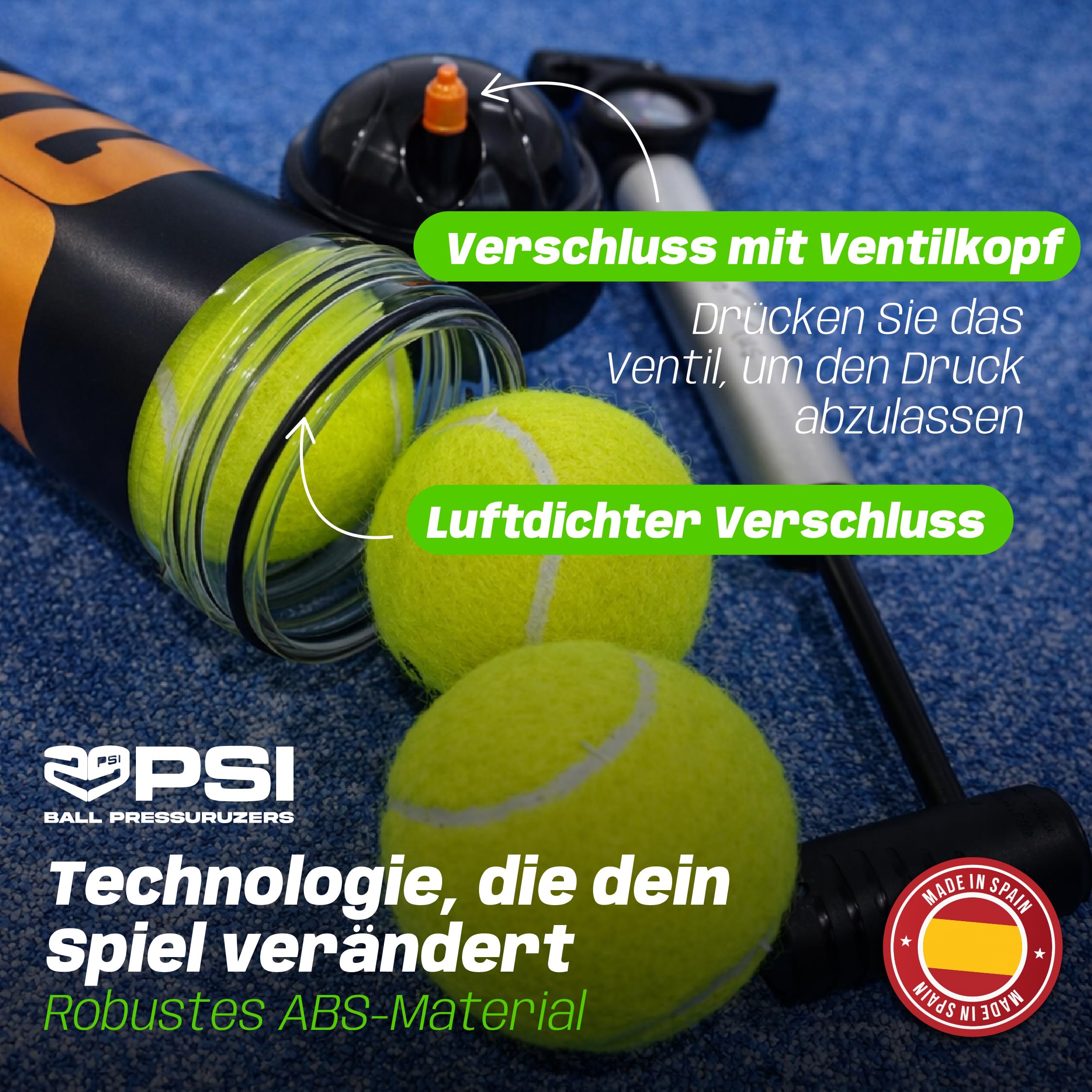 TUBOPLUS 29PSI - Padel- und Tennisballdrucker | Hält Druck und Sprungkraft | Luftdichter Behälter zur Verlängerung der Lebensdauer der Bälle