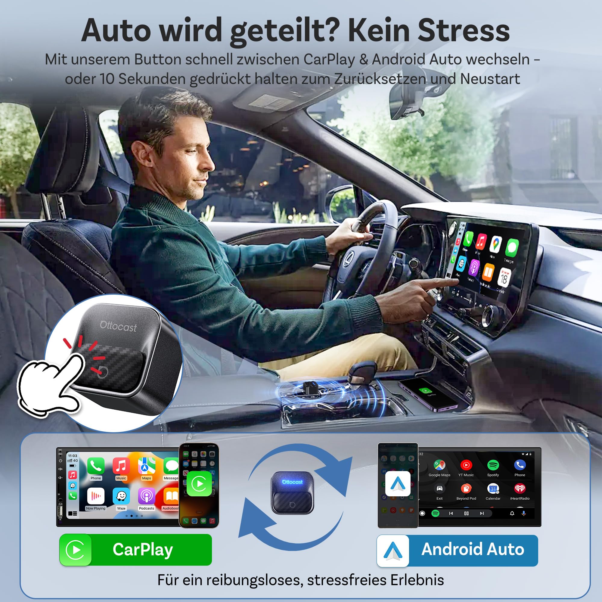 OTTOCAST Mini Core 2-in-1 Kabelloser CarPlay & Android Auto Adapter, Micro Mini Cube Wireless Car Dongle mit Smart-Switch-Taste, Wi-Fi 6 & Bluetooth 5.4, Automatische Verbindung für 98% der Fahrzeuge