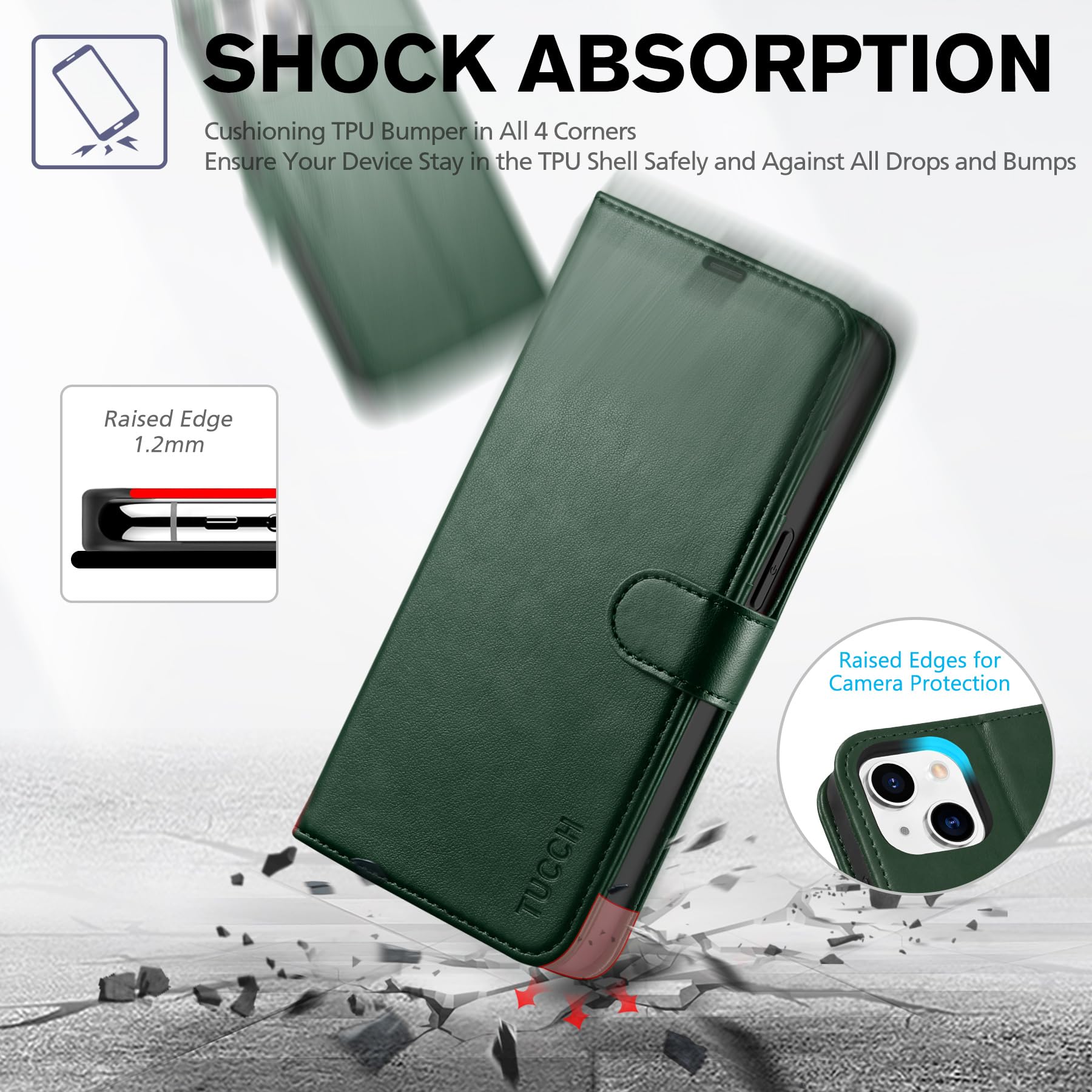 TUCCH Funda para iPhone 14, Flip Folio Carcasa Case, Funda de Cuero PU con Bloqueo RFID, Ranura para Tarjeta, Cierre Magnético, Funda Piel para iPhone 14 5G (6.1", 2022), Verde Medianoche