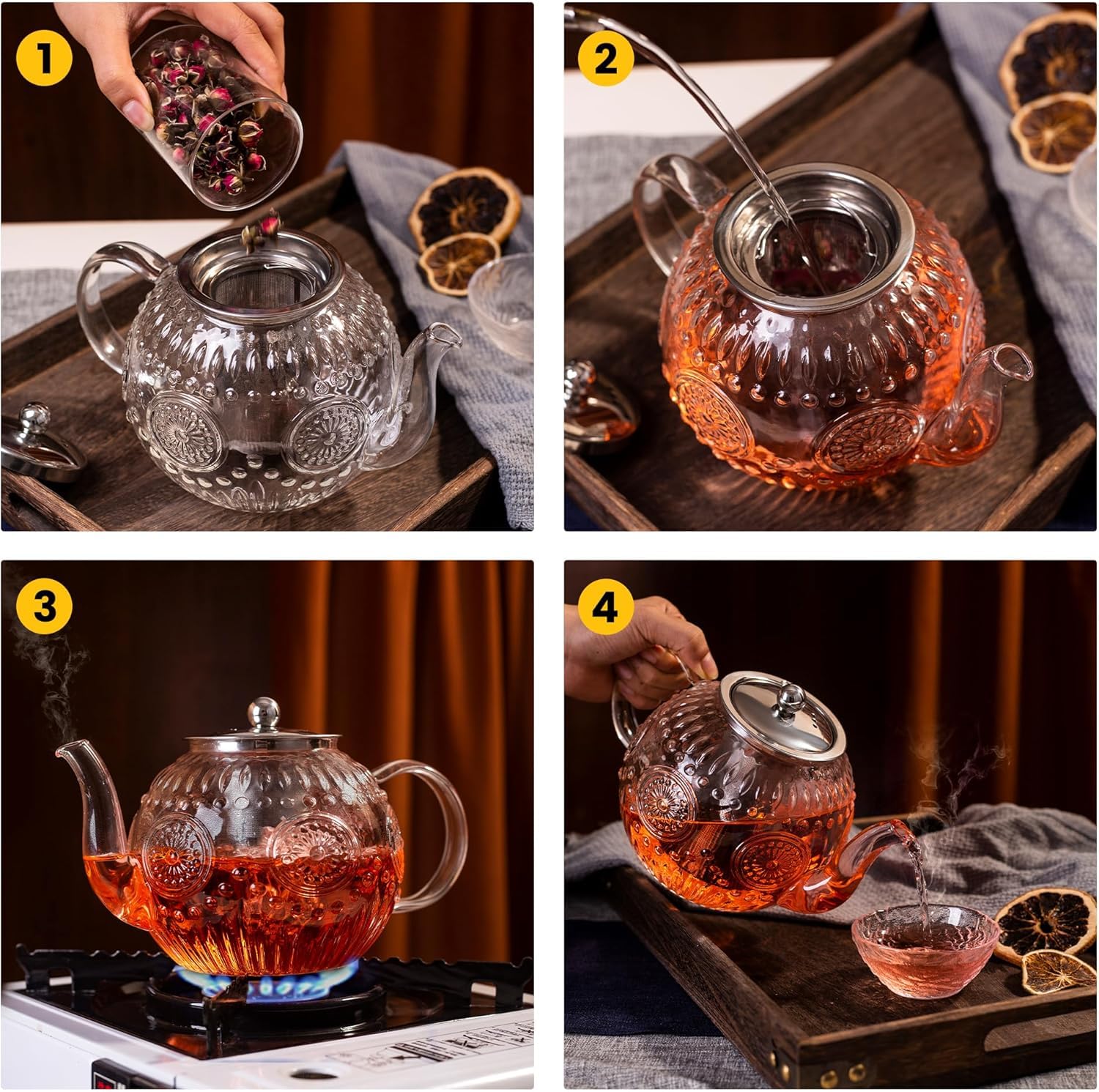 Teekanne Glas, Teekanne mit Siebeinsatz 1500ML aus Borosilikatglas Glaskanne, Deckel und Sieb aus Edelstahl ideal zur Zubereitung von losen Tees