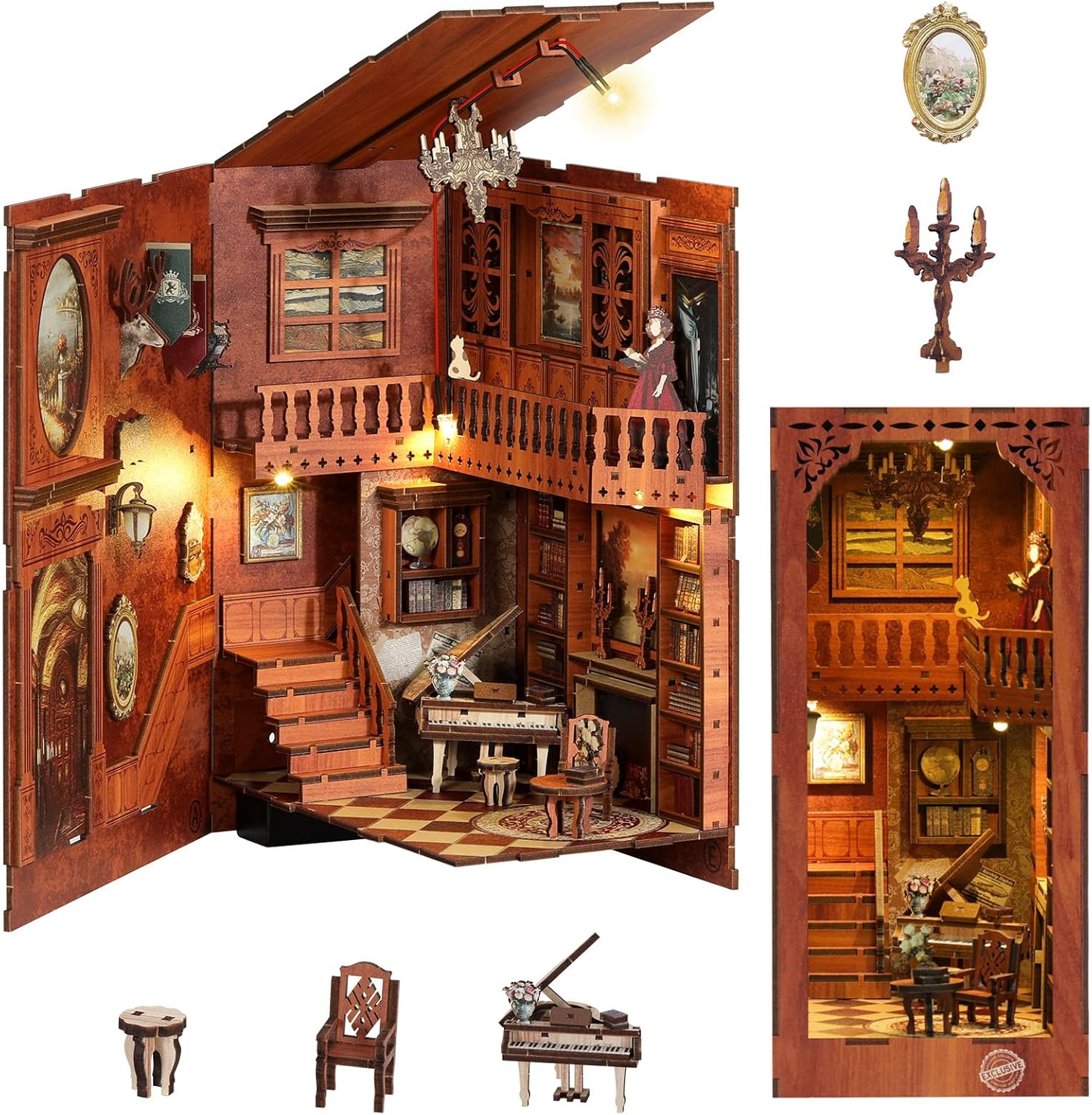 MoKo Book Nook Kit, 3D Wooden Puzzles Booknook with LED Lights, DIY Miniature House Kit, Book Nook Decor Gifts for Adults Family