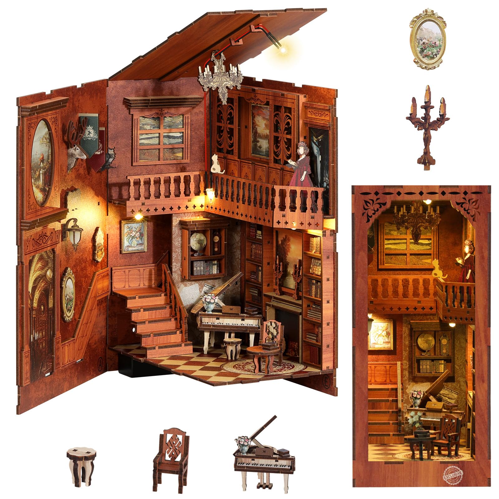 MoKo Kit Coin Lecture, Puzzle 3D en Bois Booknook avec Lumières LED, Kit de Maison Miniature à Monter Soi-même, Coin Lecture Cadeaux Décoratifs pour Adultes et Familles, Contes de Grimm