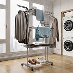 SortWise 4-Tier Rack de séchage pliable avec 2 Ailes latérales & Roues - Sac à linge en métal en acier pour intérieur/extérieur (28,74"x19,49"x67,72")
