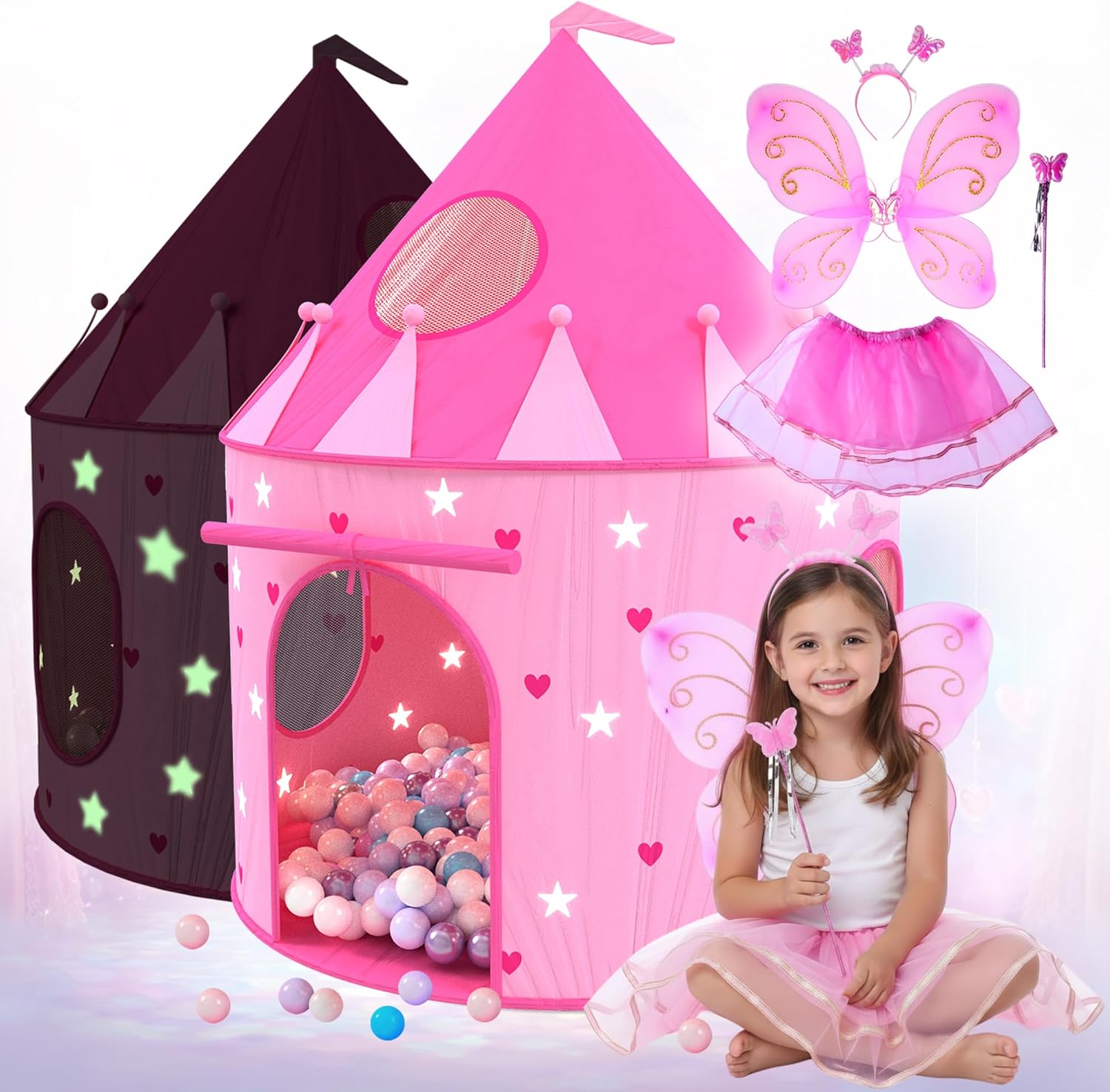 Playz Princess Castle Pop Up Tent & Dress Up Set - Glow-in-Dark Stars Playhouse for Girls with Tiara, Wand, Tutu & Wings