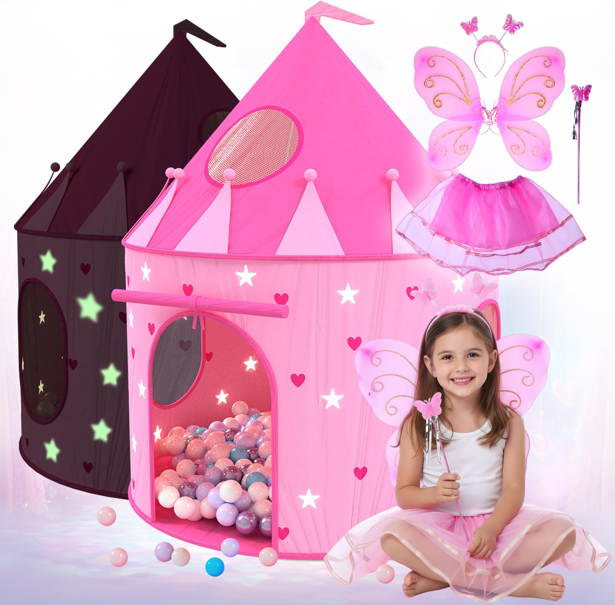 Playz 5-Piece Princess Castle Girls Tent w/Glow in The Dark Stars & Butterfly Fairy Dress Up Costume - Childrens Tents for Indoor & Outdoor Use with Pink Girls house Fairy Tale Carrying Case