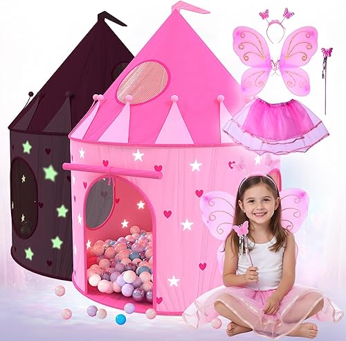 Playz Princess Castle - Tienda de campaña desplegable y juego de disfraces - Tienda de campaña rosa para niñas con estrellas que brillan en la
