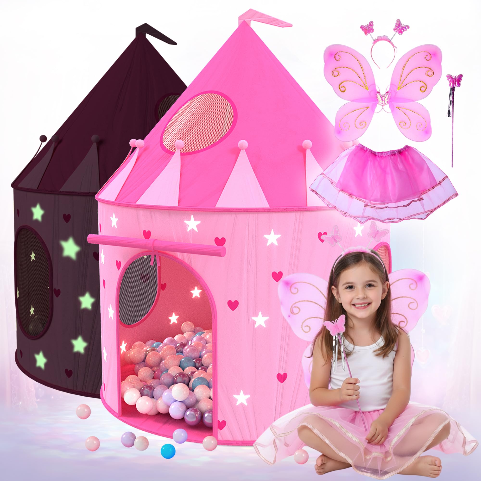 Playz Princess Castle Pop Up Tent & Dress Up Set – Kids Pink Playhouse Tent for Girls with Glow in The Dark Stars, Foldable Indoor Outdoor Toddler or Baby Girl Tent with Carrying Case