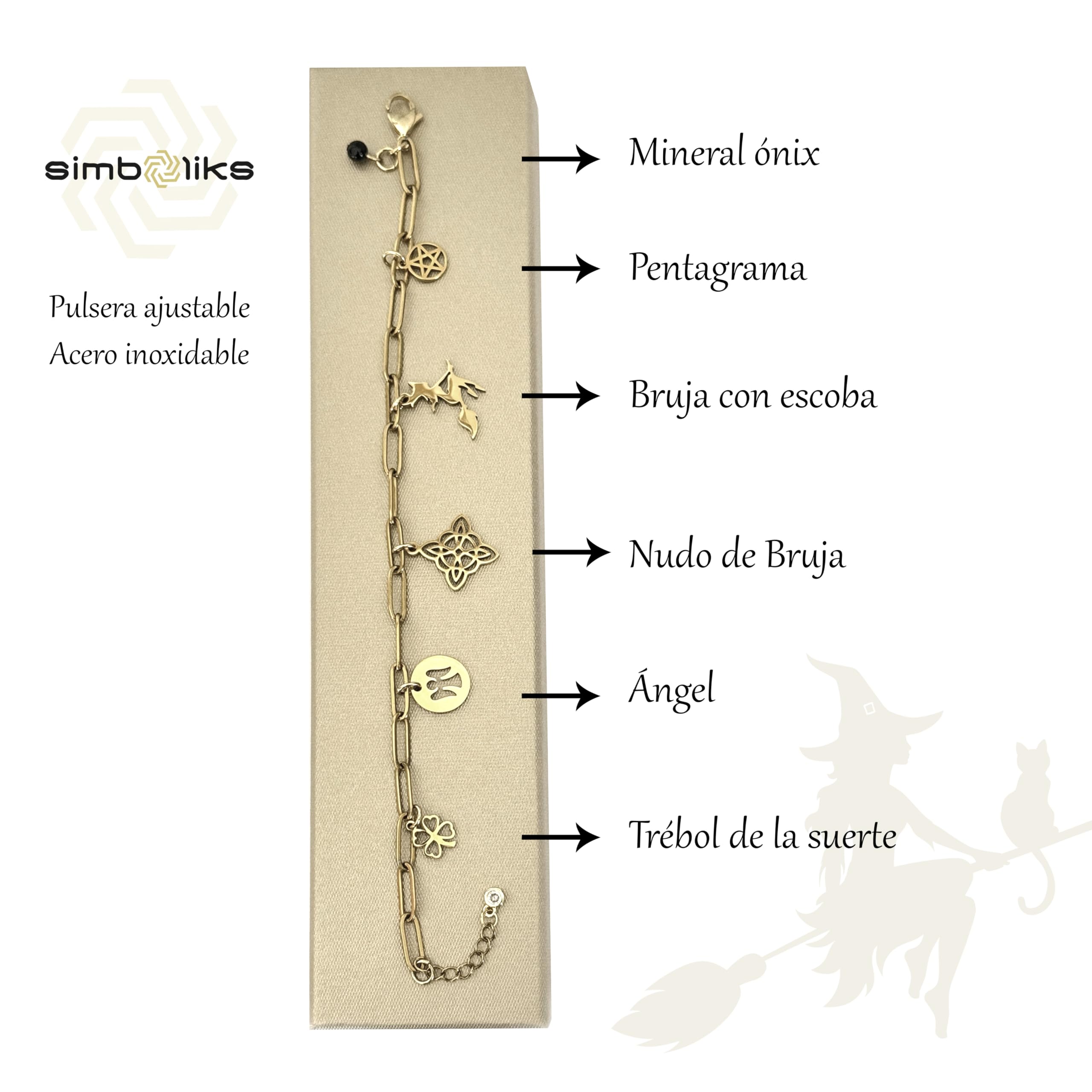 Simboliks Pulsera Protección Malas Energías - Acero Inoxidable Dorado con Ónix - Amuleto Bruja: Nudo de Bruja, Pentáculo, Ángel de la Guarda, Trébol de la Suerte - Contra Mal de Ojo y Hechizos