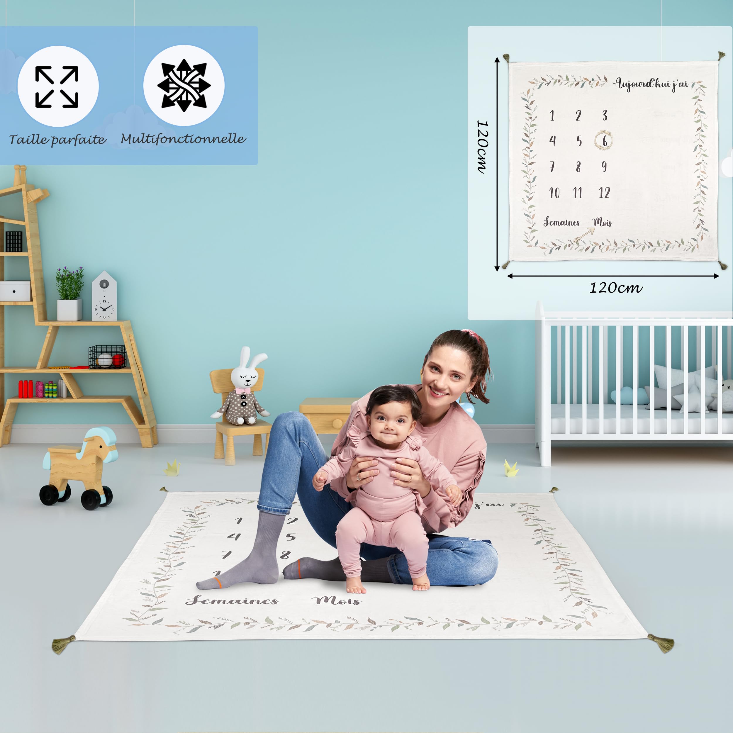 Babyfun Couverture Etape Bebe Imprimée Double Face – Tapis Mois Bebe en Français - Tapis Photo Bebe Mois - Cadeau Naissance Fille ou garçon - Label Oeko-TEX - Accessoires et Boite Cadeau Inclus