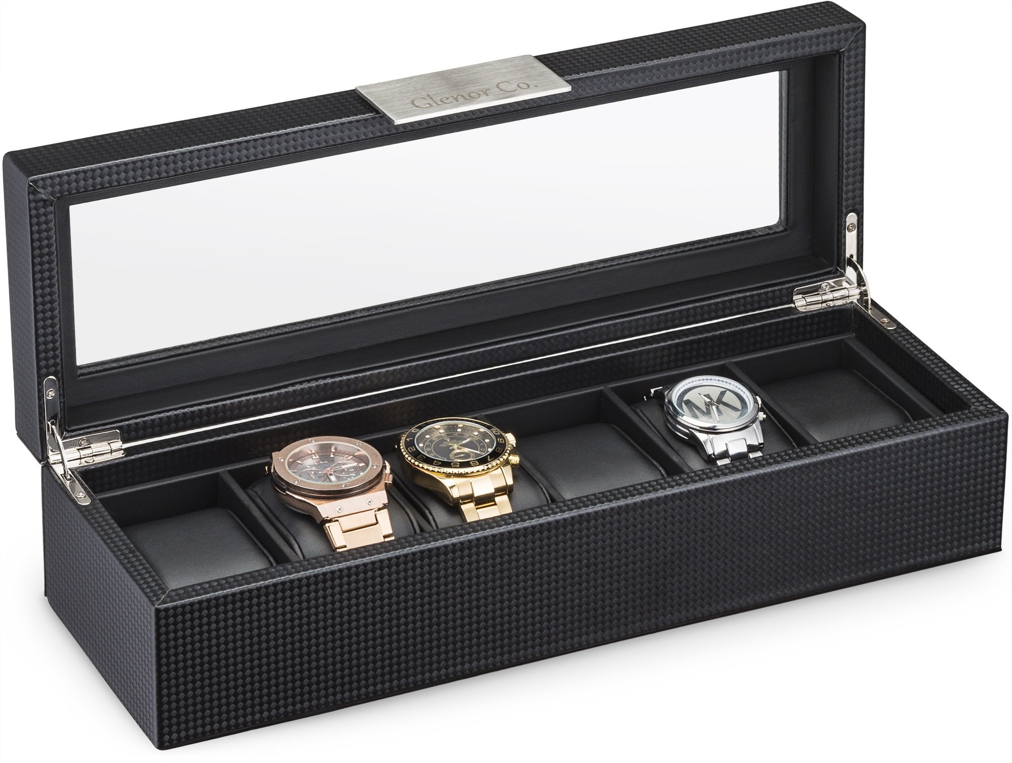 Glenor Co Watch Box for Men - 24 Slot Luxury Display Case Organizer, Carbon Fiber Design -Metal Buckle for Mens Jewelry Watches, Men's Storage Holder w Large Glass Top, Drawer & Leather Pillows- Black
