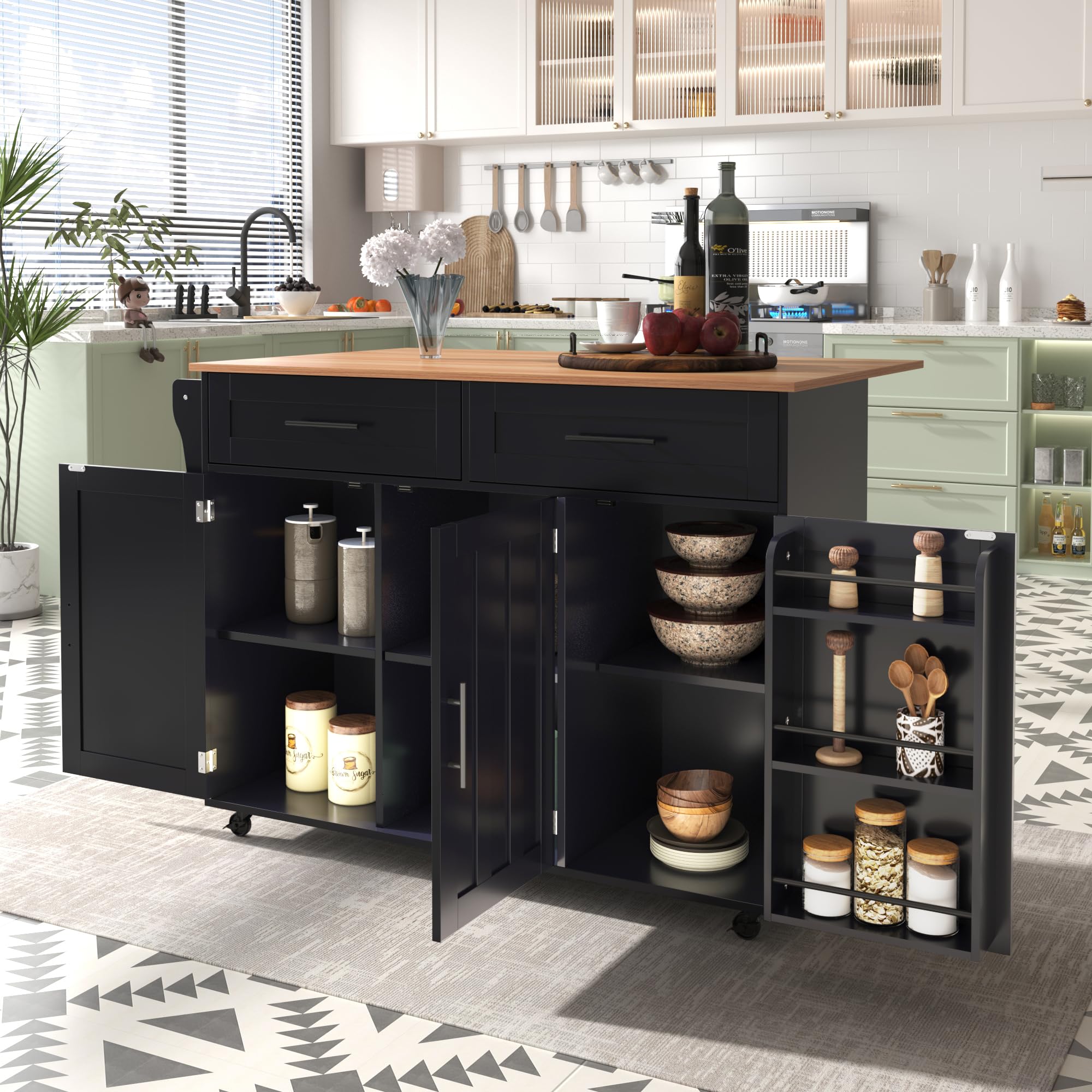 Isola Cucina Mobile Con Ruote - Carrello Da Pranzo Con Cassetti E Armadio | Nero, 134x46x92 Cm