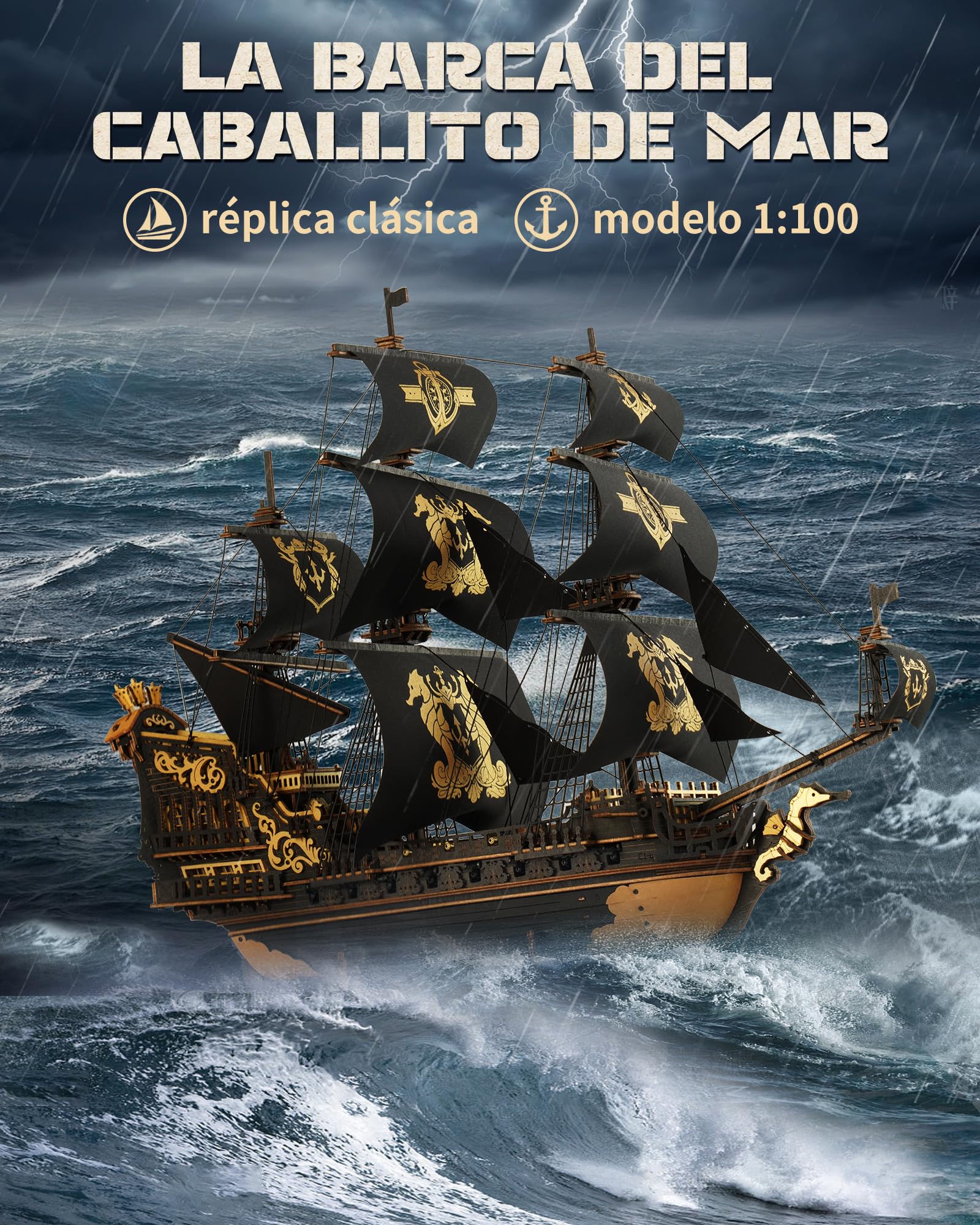 ROKR Kits de Maquetas de Barcos de Madera Con Rompecabezas 3D Para Adultos, Velero Mecánico DIY, Maquetas Para Adultos, The Seahorse Barque MCB02